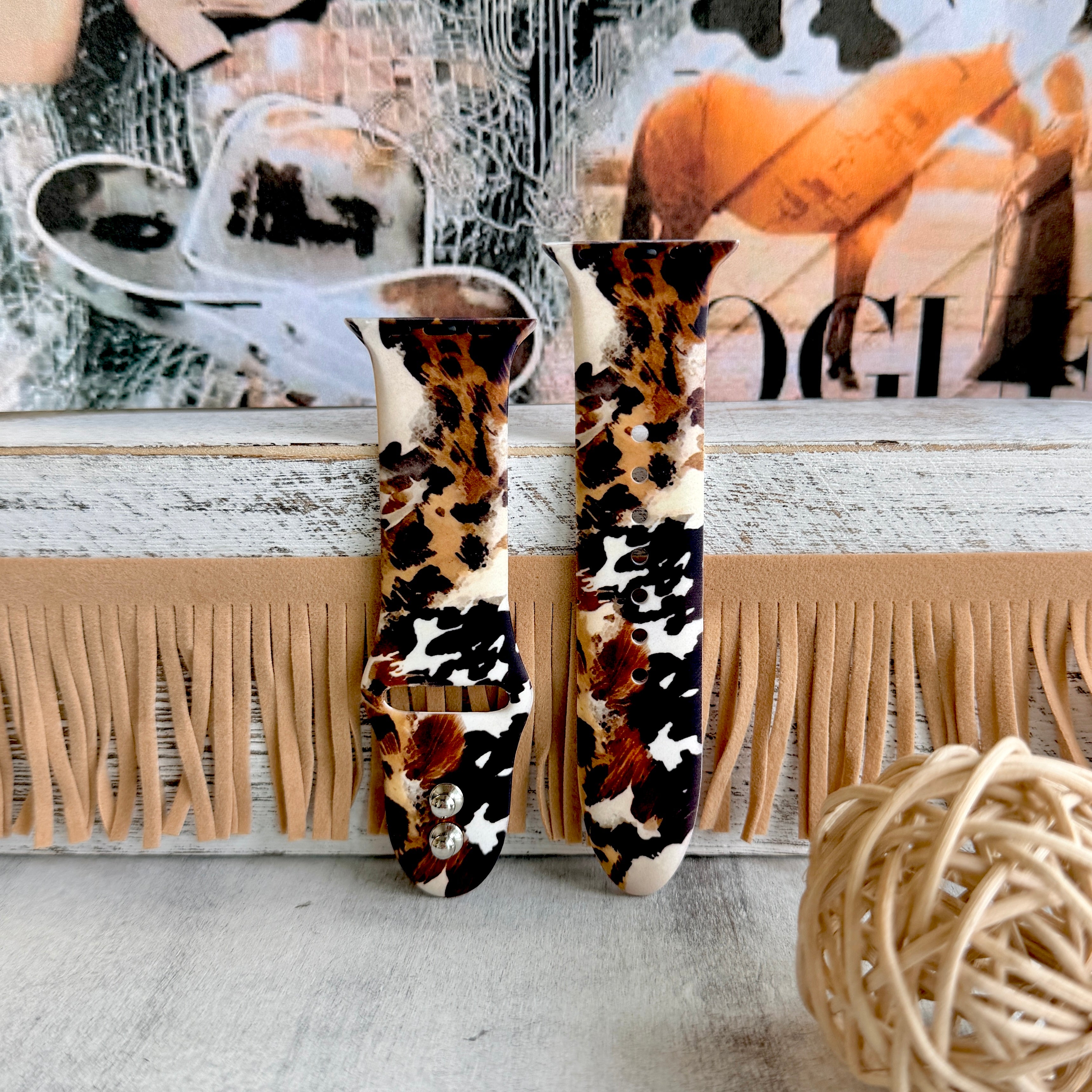 Rodeo Wild Apple Watch band with cowhide and leopard print patterns in brown, black, and cream with Western decor