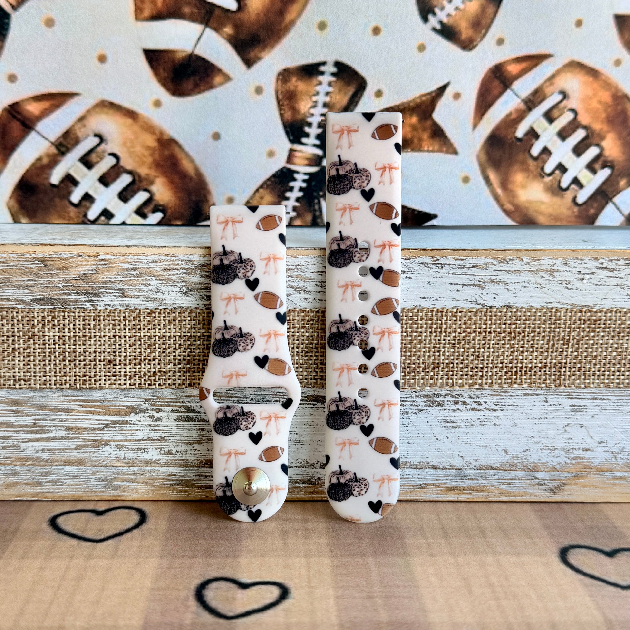 Game Day Darling coquette football print silicone band for Samsung Galaxy Watch with footballs, pumpkins, bows and hearts from Fancy Bands