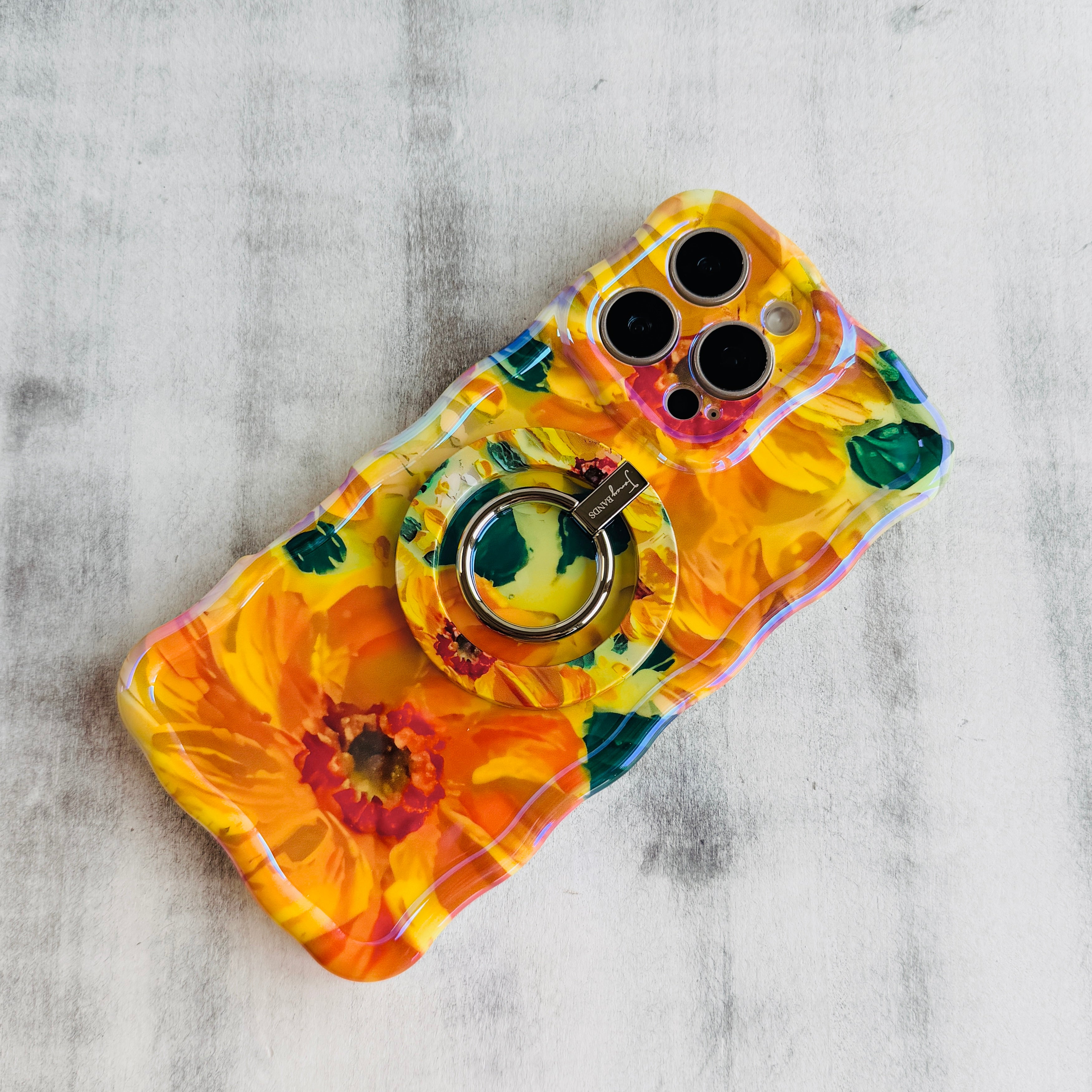 Sunshine Petals sunflower pattern MagSafe phone grip ring with bright yellow flowers and green leaves compatible with iPhone and Samsung