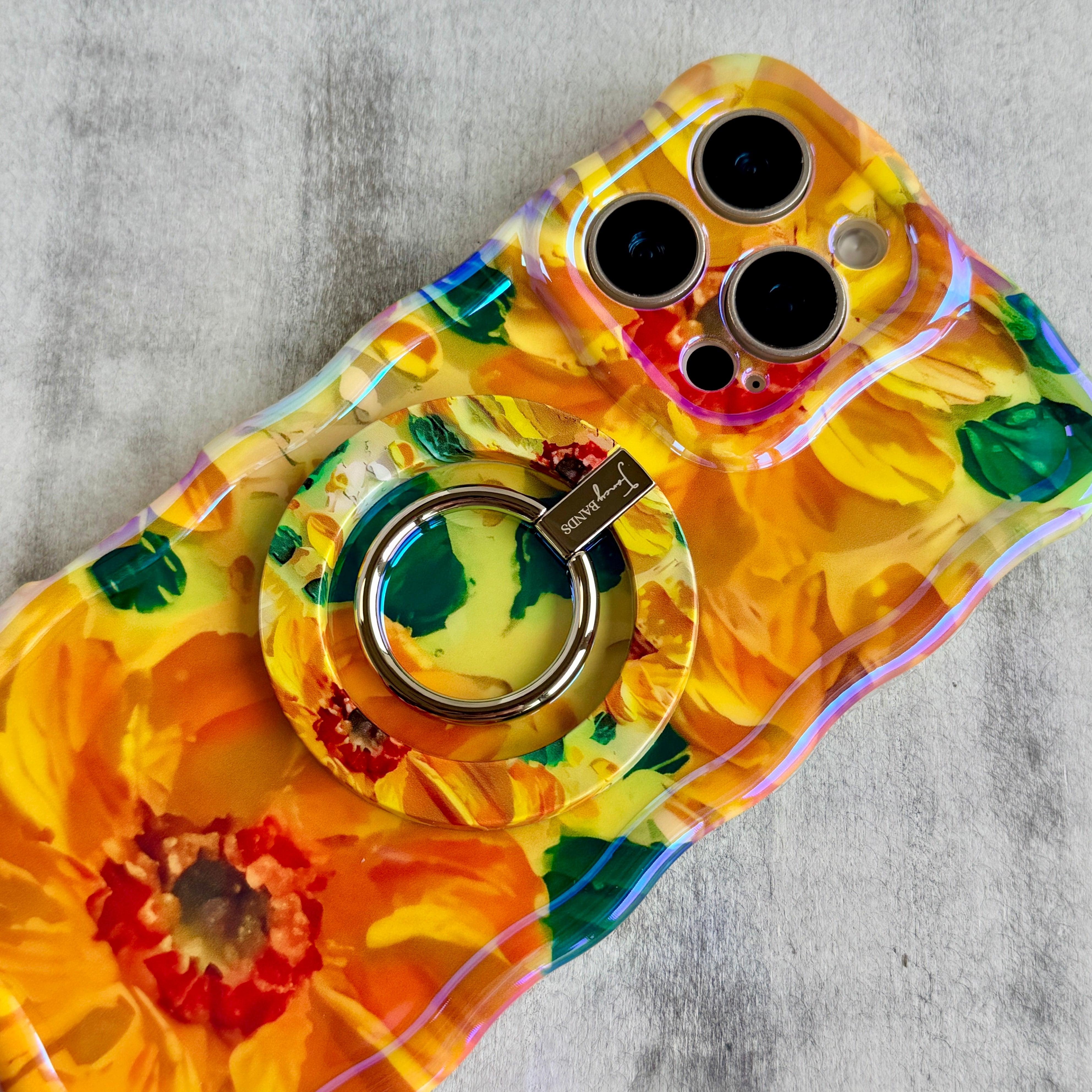 Sunshine Petals sunflower pattern MagSafe phone grip ring with bright yellow flowers and green leaves compatible with iPhone and Samsung