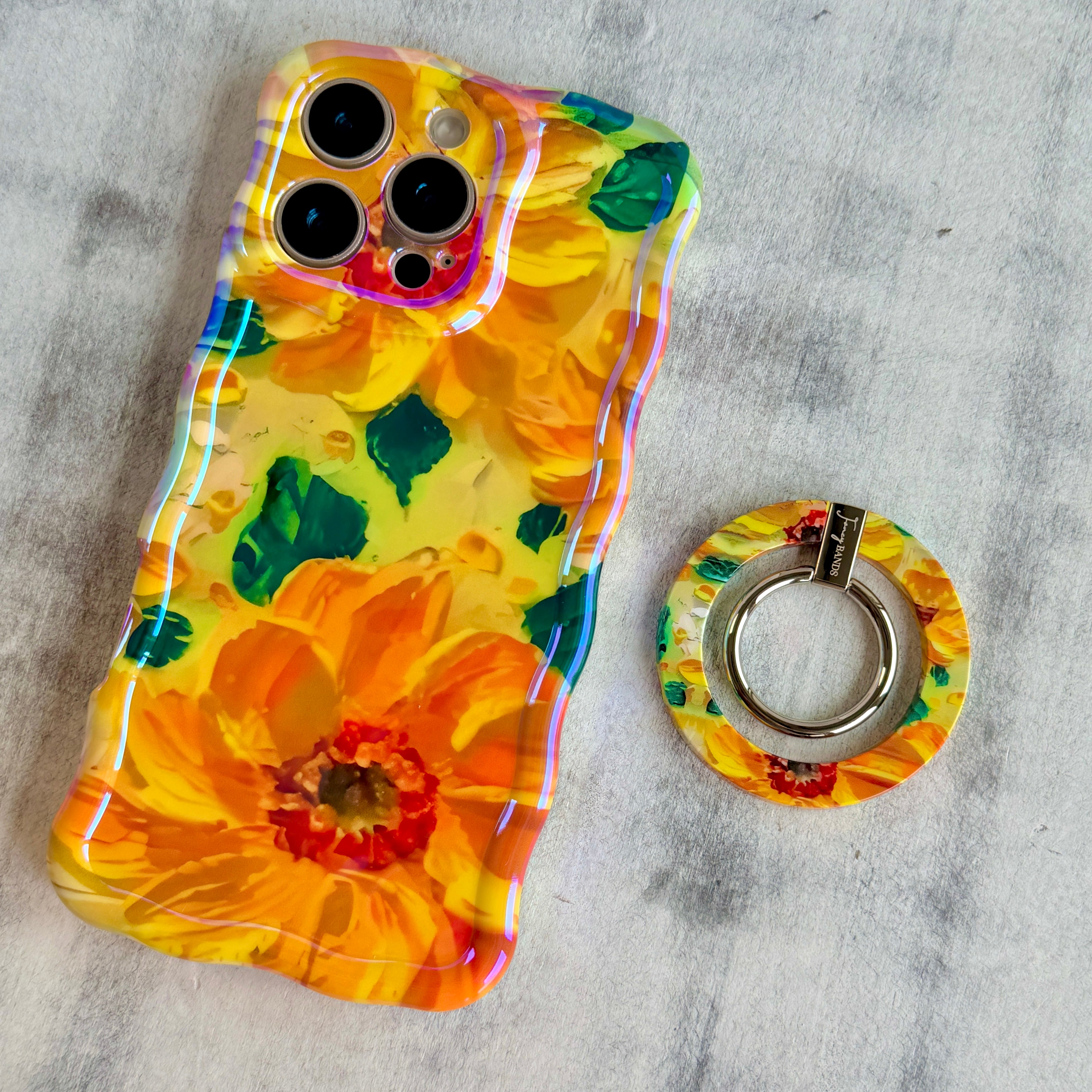 Sunshine Petals sunflower pattern MagSafe phone grip ring with bright yellow flowers and green leaves compatible with iPhone and Samsung