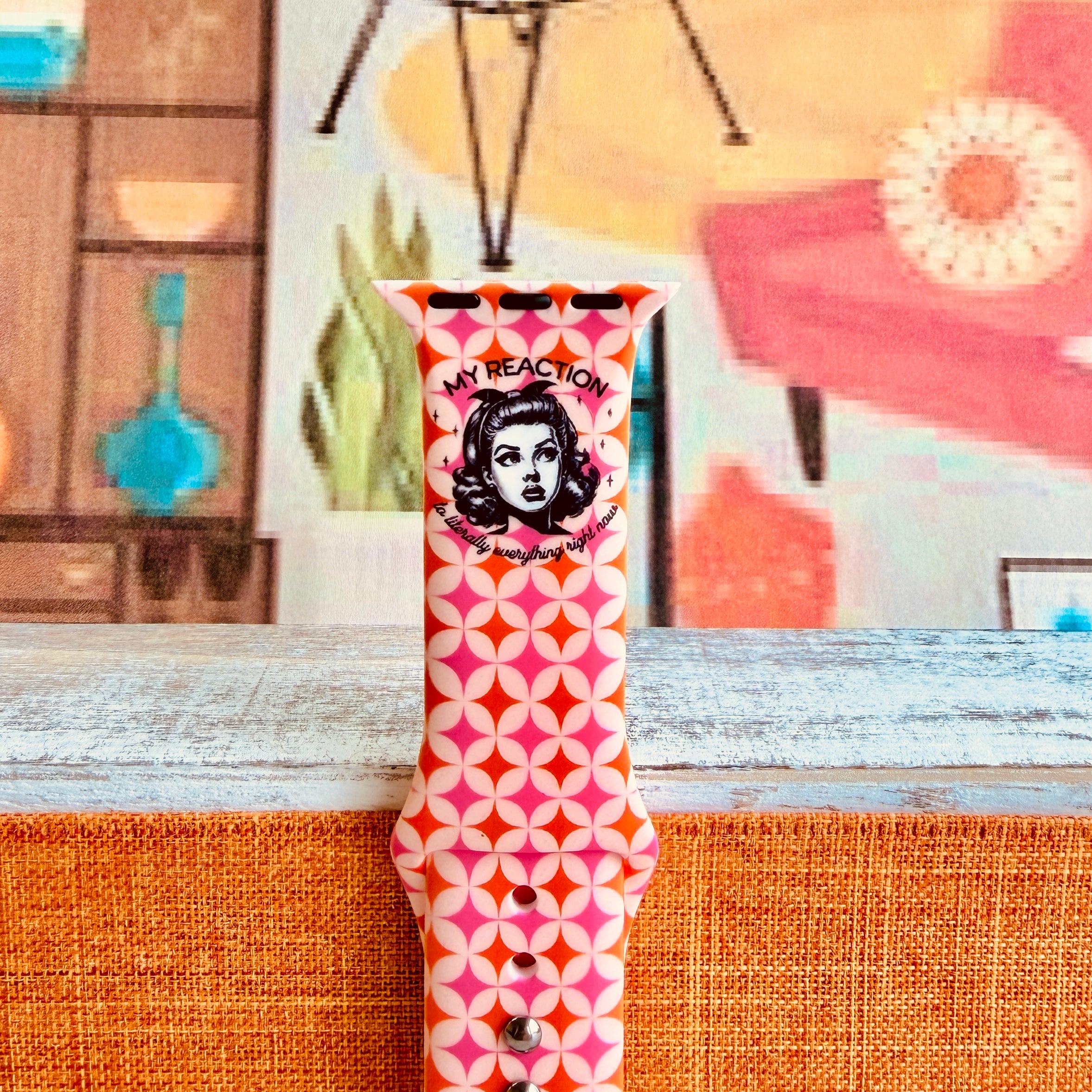 My Face Says It All Apple Watch band with sassy retro woman on pink and orange geometric pattern with Your Mood But a Band text