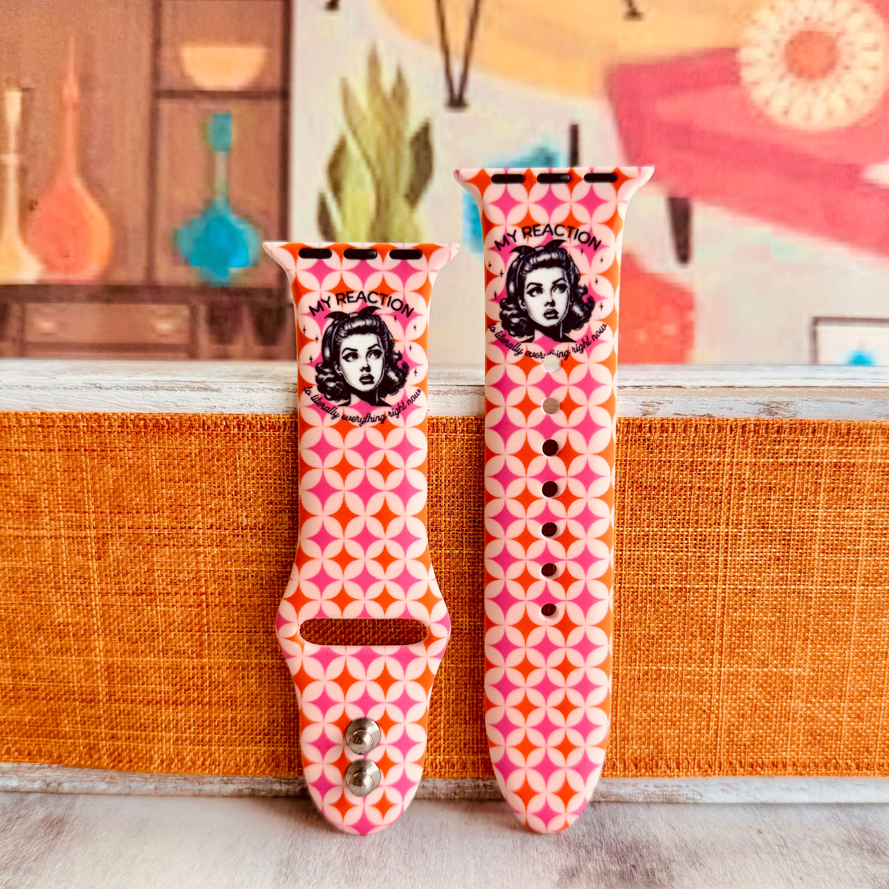 My Face Says It All Apple Watch band with sassy retro woman on pink and orange geometric pattern with Your Mood But a Band text