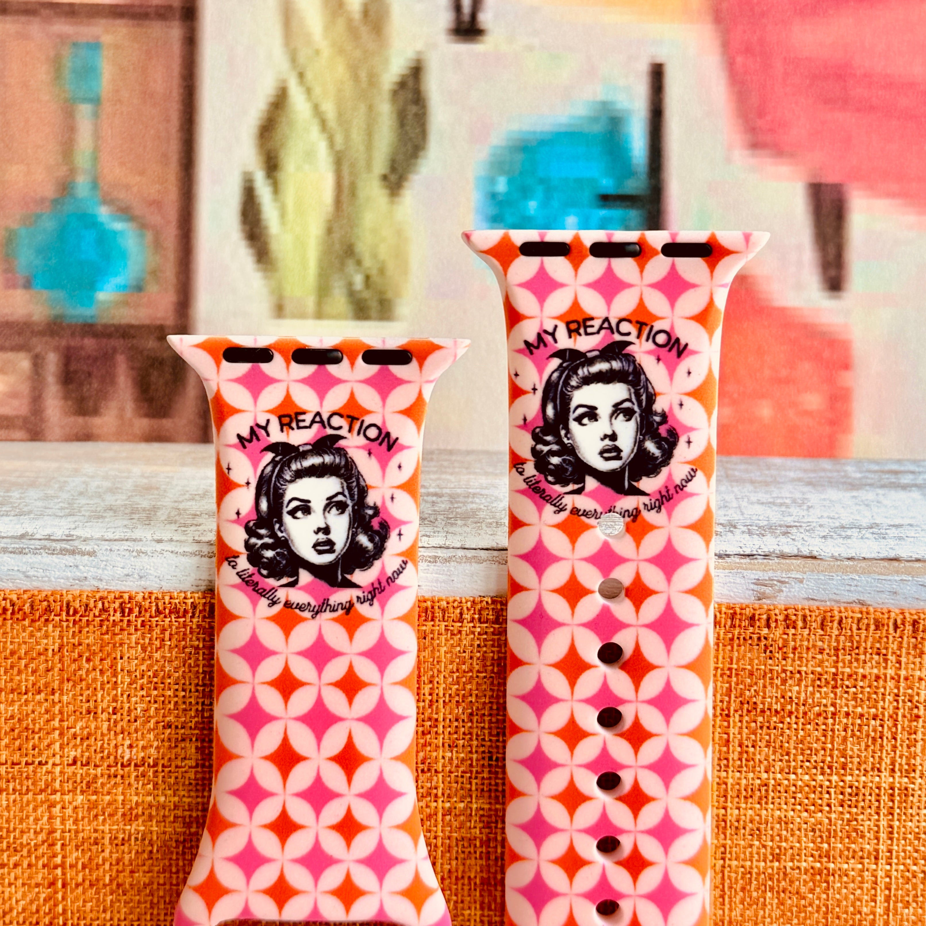 My Face Says It All Apple Watch band with sassy retro woman on pink and orange geometric pattern with Your Mood But a Band text