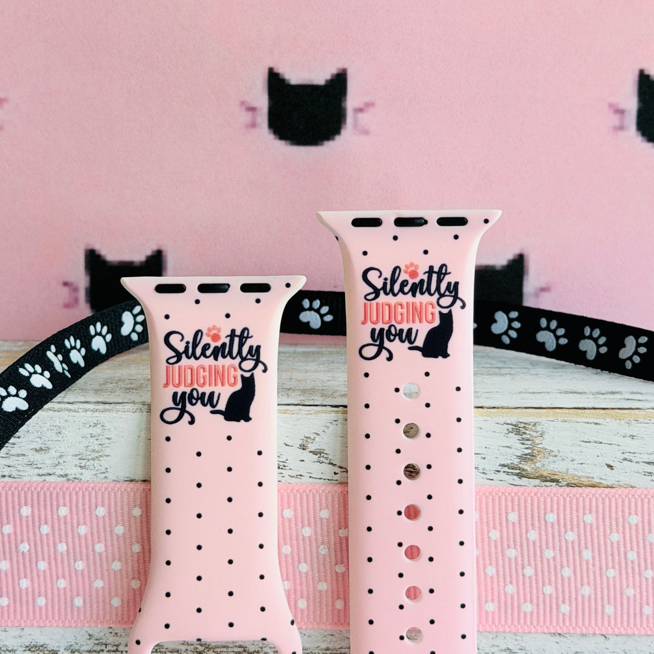 Silently Judging You Apple Watch band with black cat silhouette and funny text on pink background with polka dots