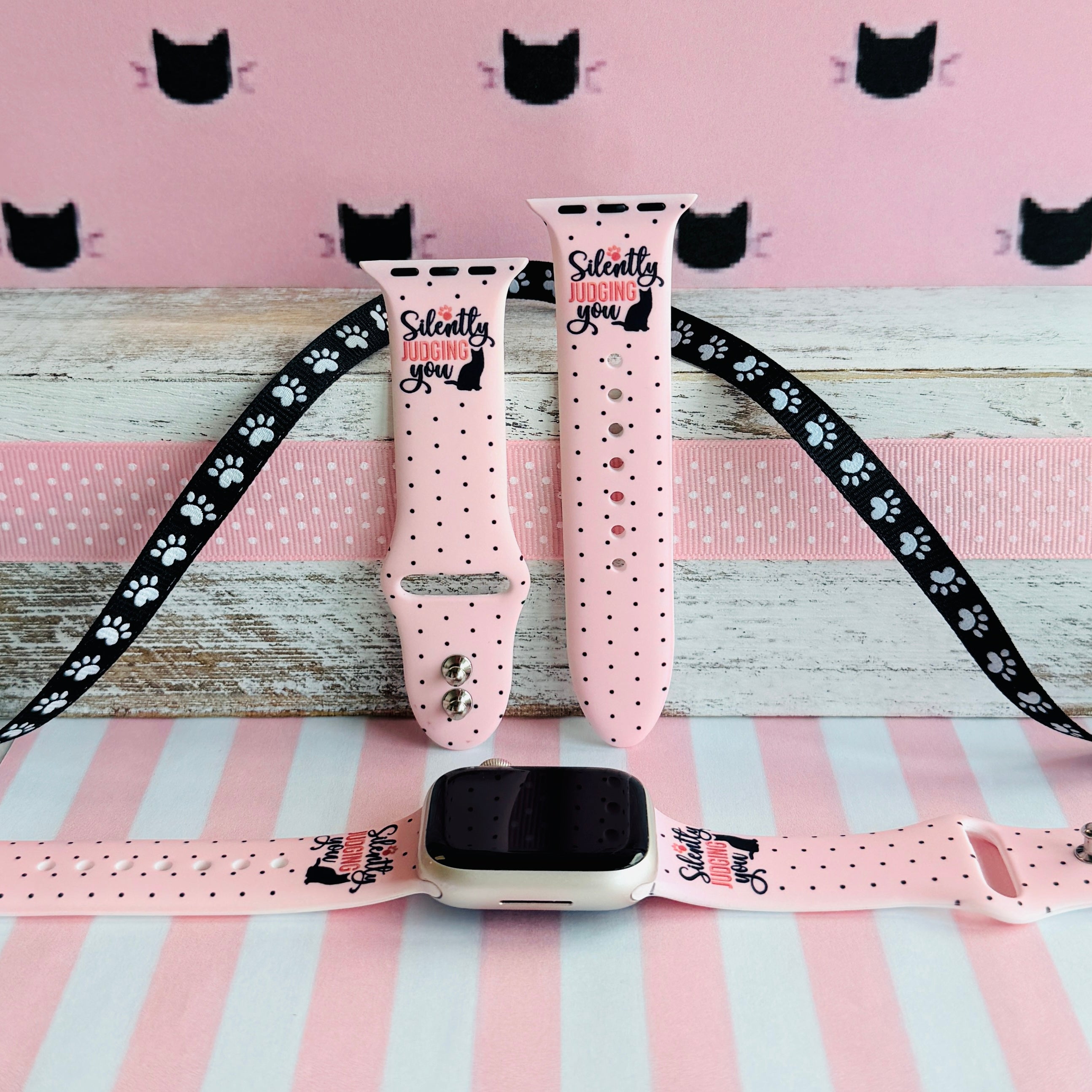 Silently Judging You Apple Watch band with black cat silhouette and funny text on pink background with polka dots