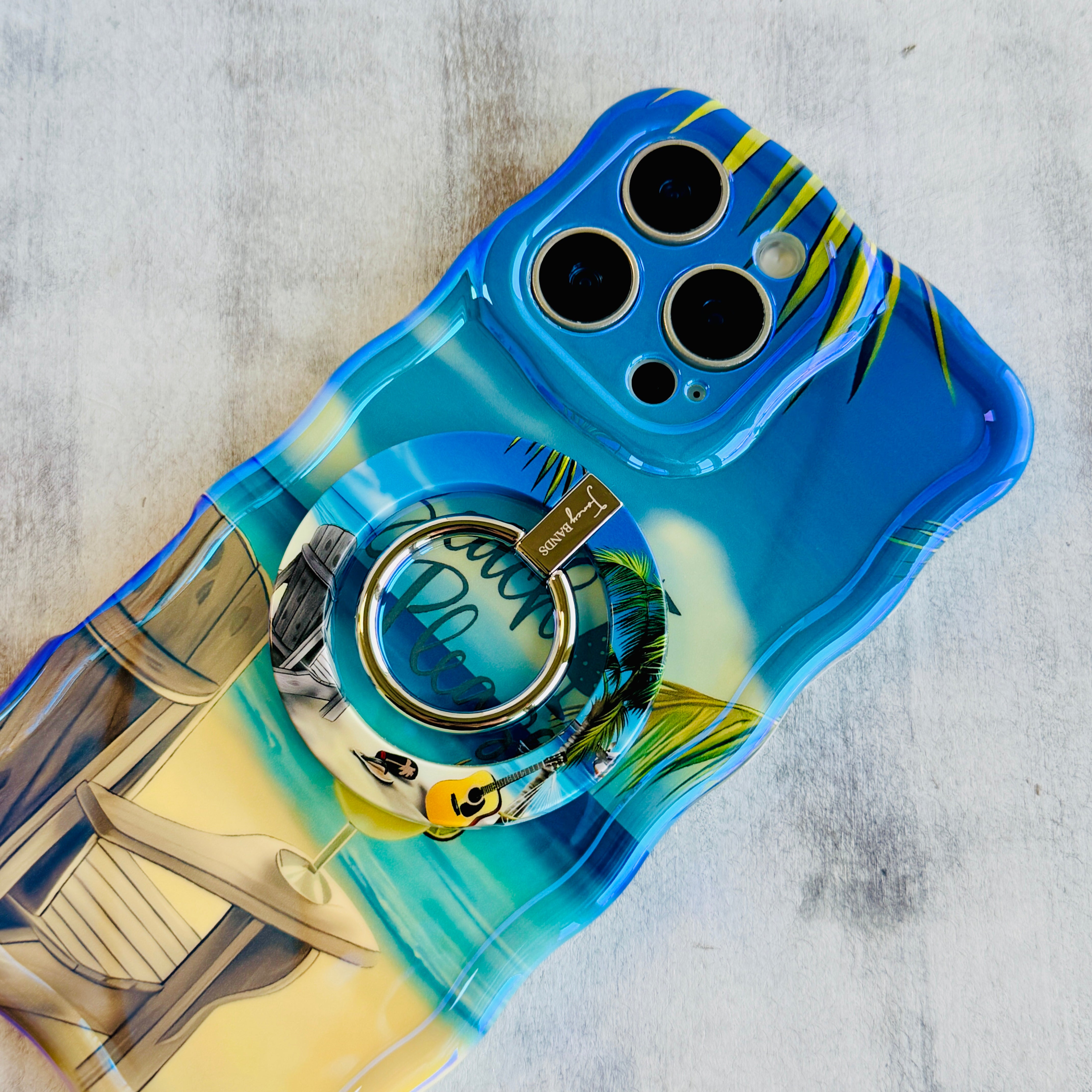 Beach Please tropical beach scene MagSafe phone grip ring with guitar chair and palm trees compatible with iPhone and Samsung