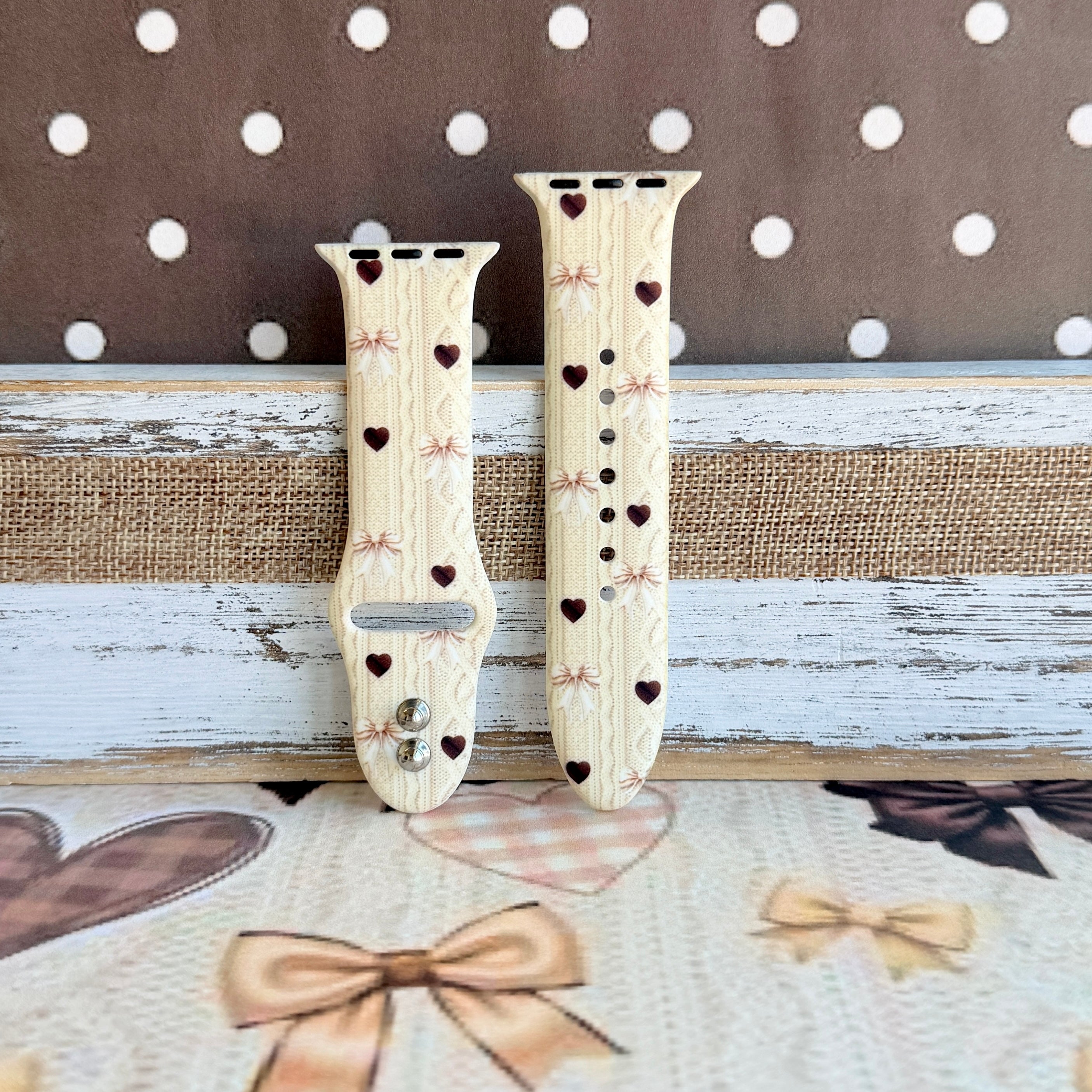 Sweater Weather Sweetheart Apple Watch band styled with cozy fall knits and coquette bows for autumn outfit inspiration from Fancy Bands.