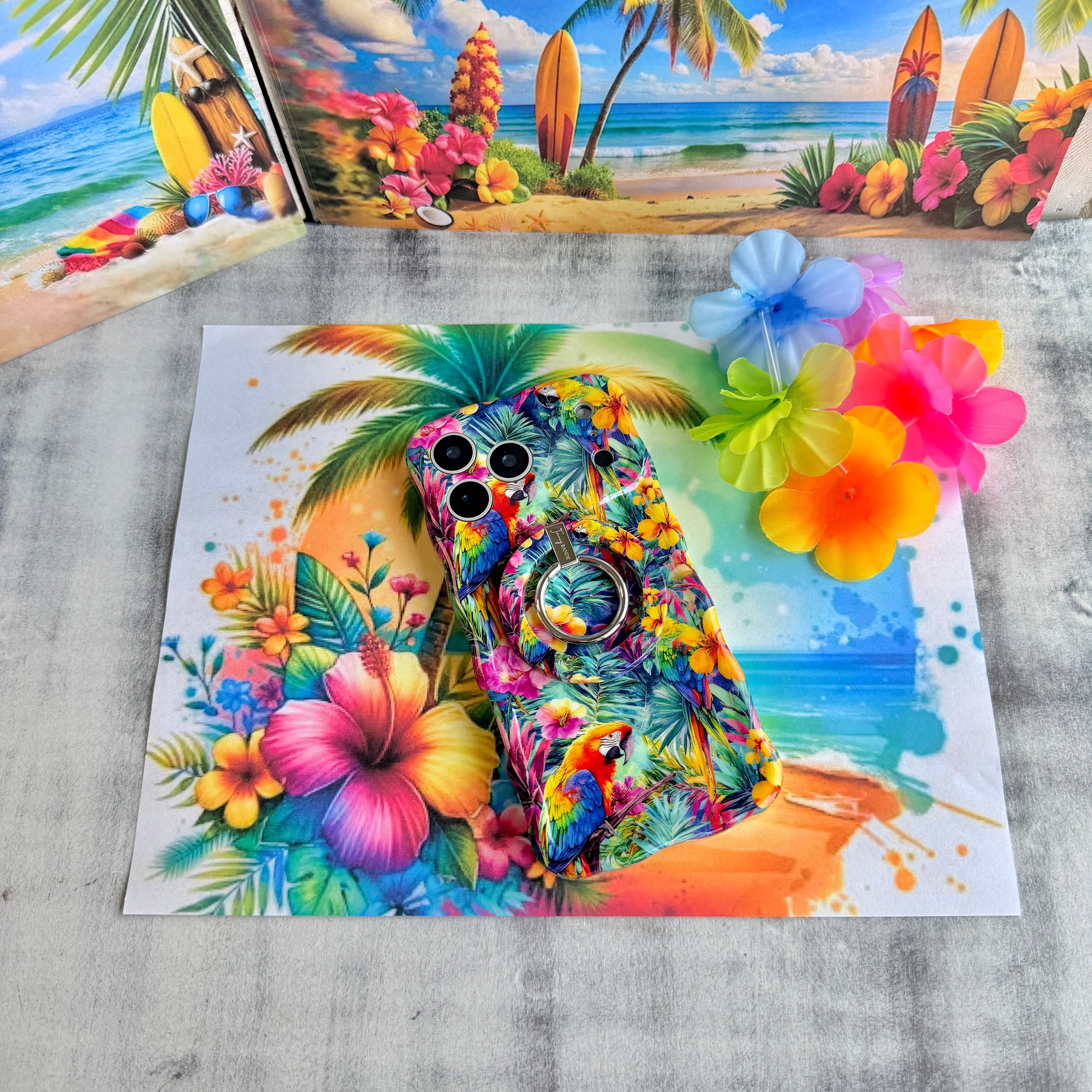 Trendy wavy iPhone case featuring a vibrant tropical pattern of red macaws, pink hibiscus, and green palm leaves with a high-gloss finish.