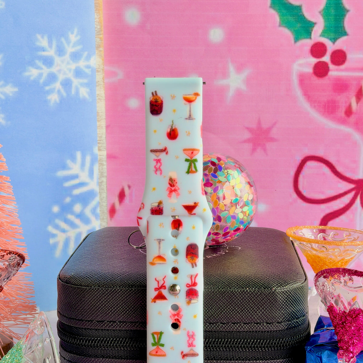 Close-up of a single Holiday Spirits, Please? Samsung watch band strap with a sequin ornament, Christmas cocktail print