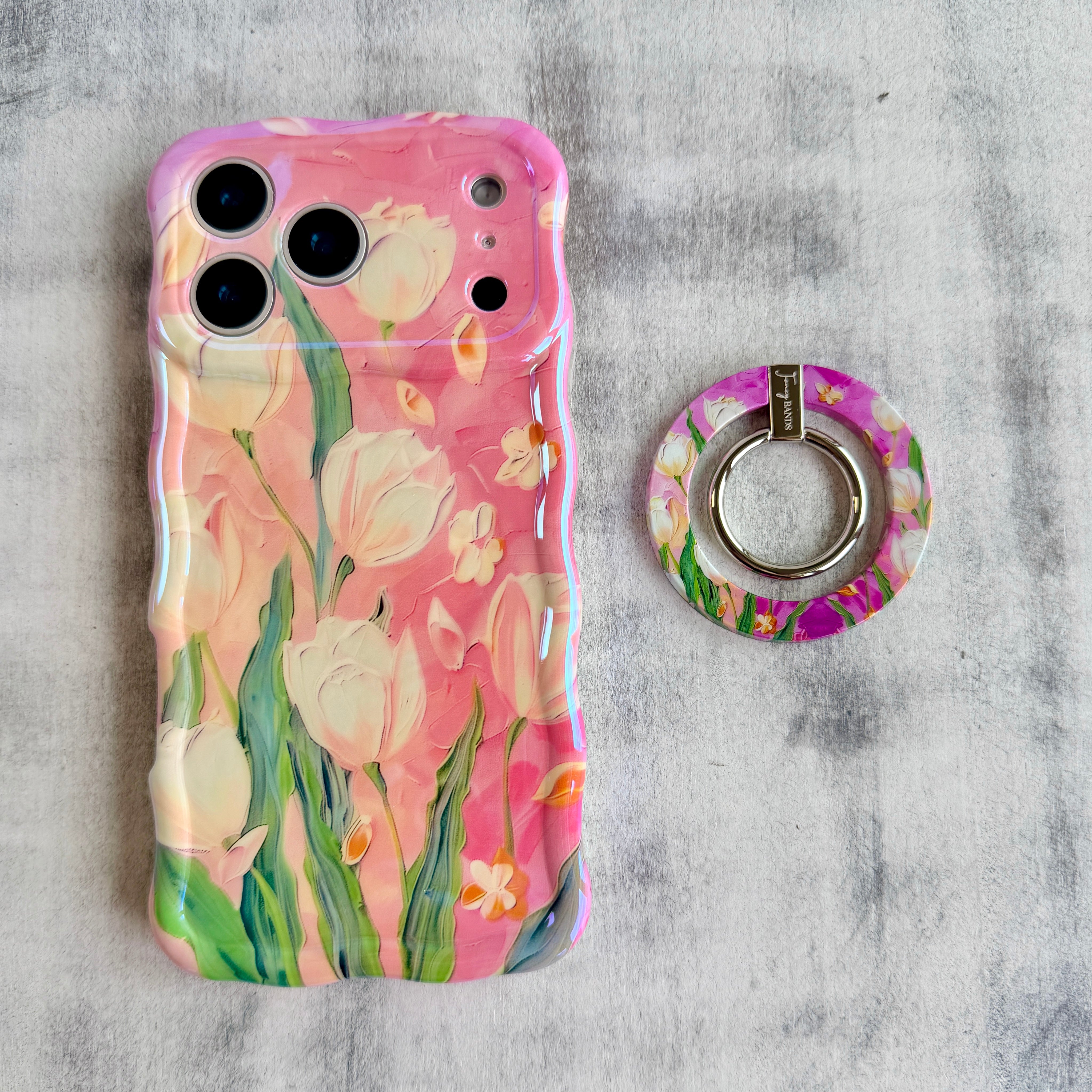Tulip Whisper textured oil painting style MagSafe phone grip ring with white tulips on a pink background compatible with iPhone and Samsung