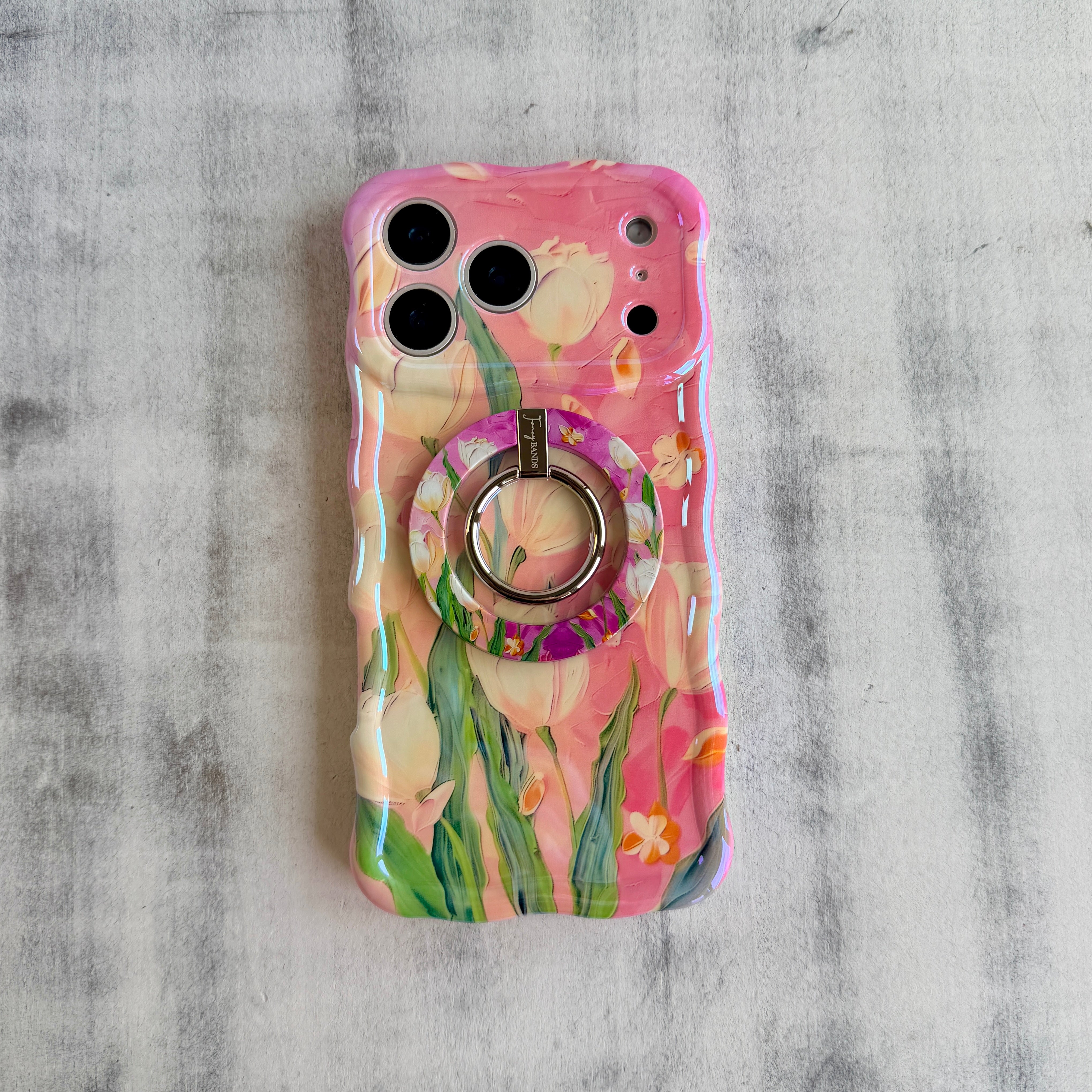 Tulip Whisper textured oil painting style MagSafe phone grip ring with white tulips on a pink background compatible with iPhone and Samsung