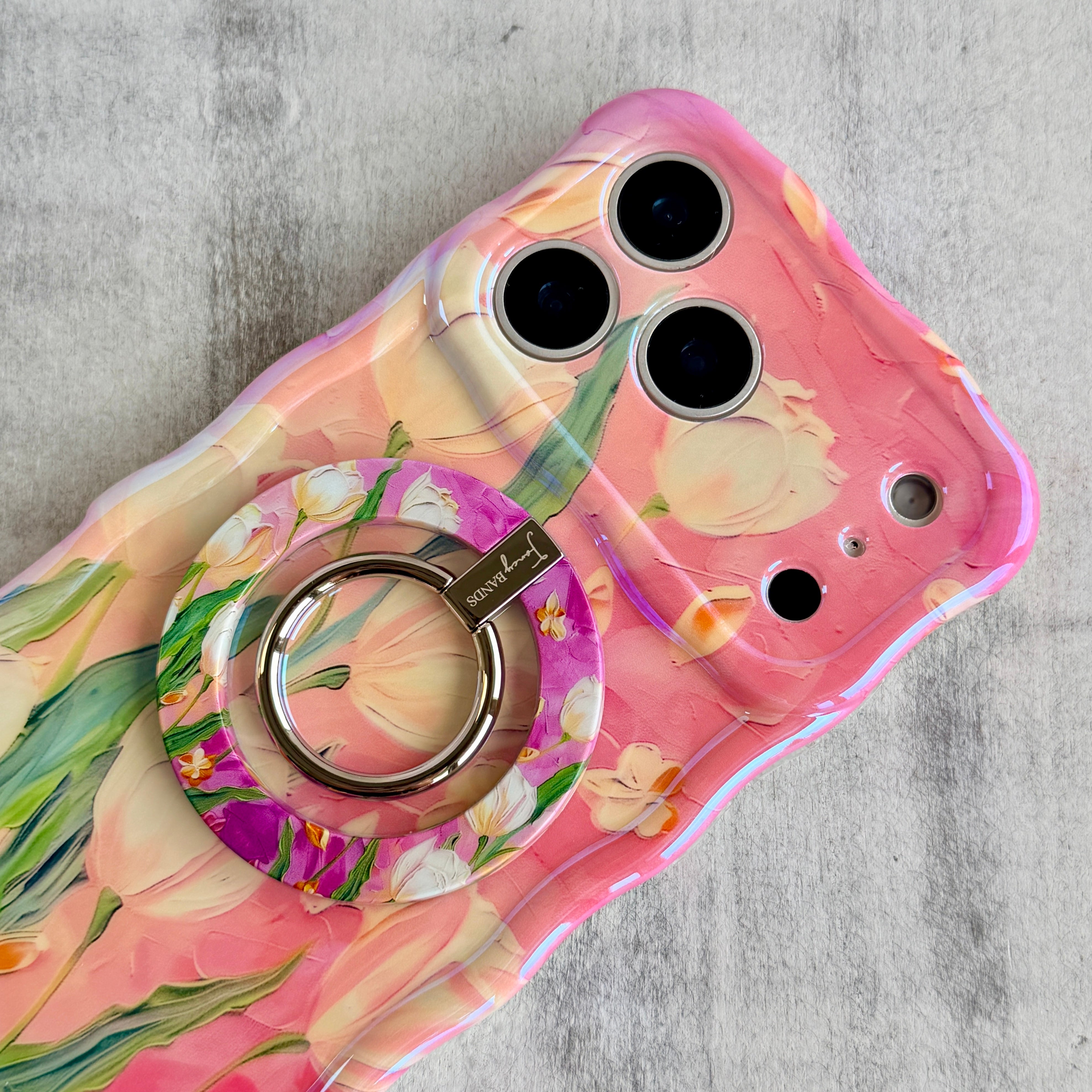Tulip Whisper textured oil painting style MagSafe phone grip ring with white tulips on a pink background compatible with iPhone and Samsung