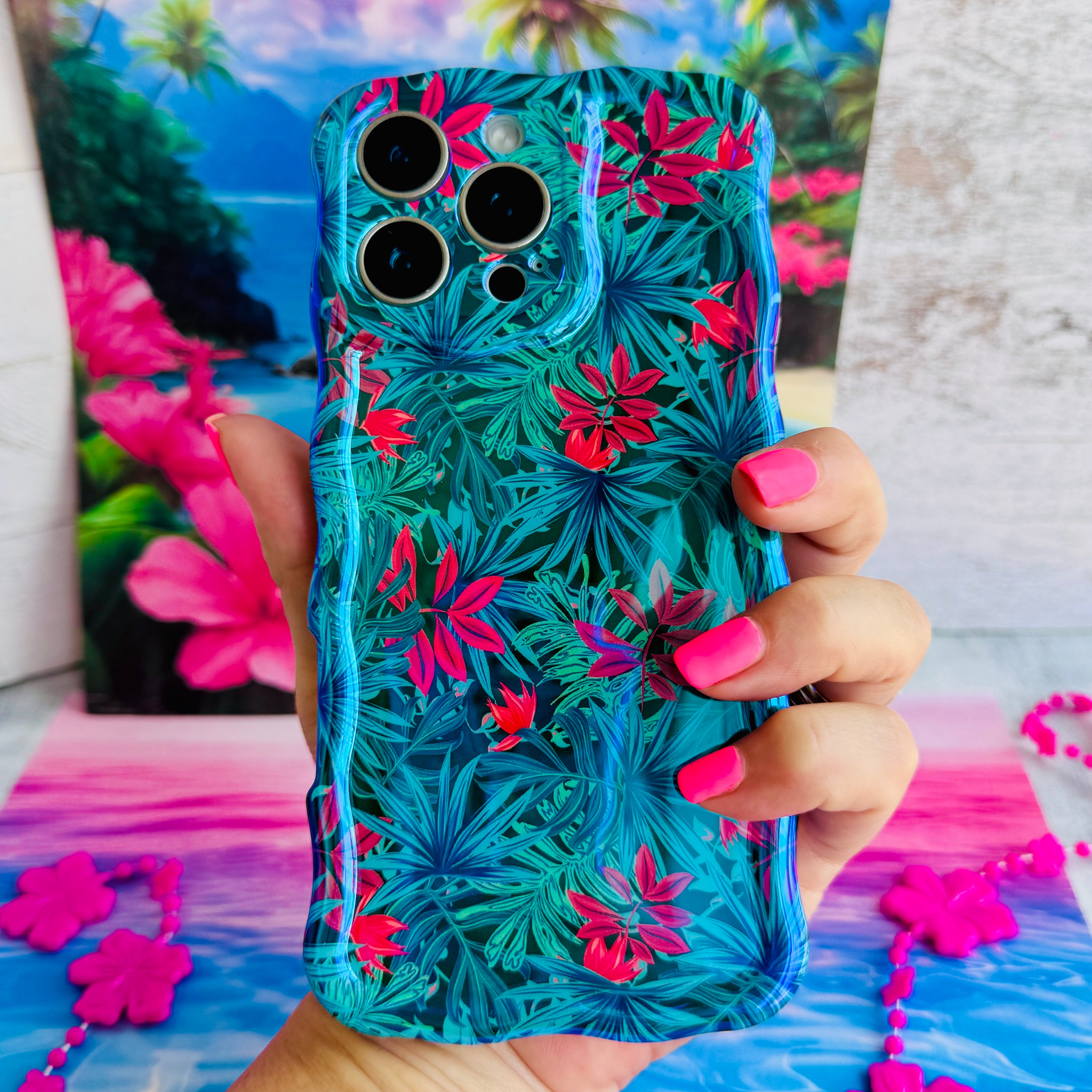 Midnight Tropics MagSafe iPhone case with tropical palm leaves and pink hibiscus by Fancy Bands