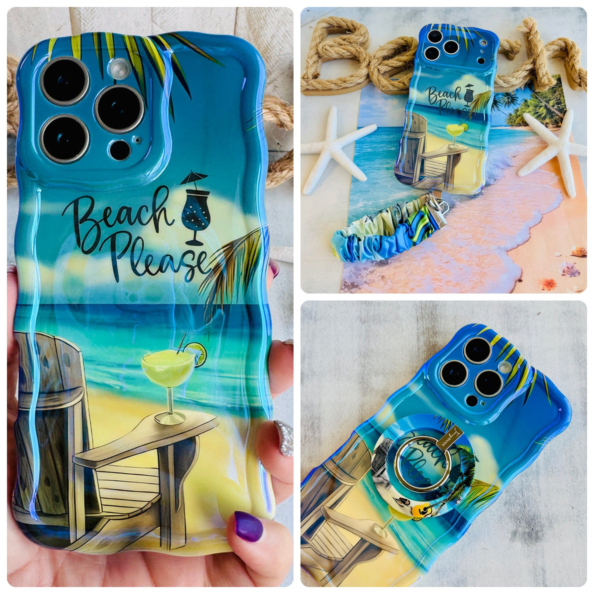 Beach Please iPhone Matching Set - painted shoreline MagSafe case, matching Hold It Fancy grip ring and scrunchie phone wrist strap from Fancy Bands