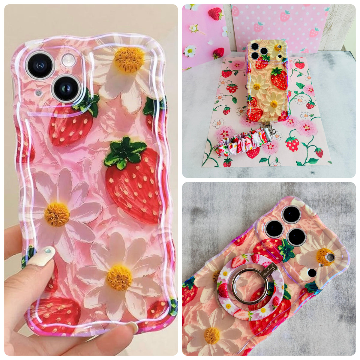 Berry Cute Blooms iPhone Matching Set - strawberry and daisy MagSafe case, matching Hold It Fancy grip ring and scrunchie phone wrist strap from Fancy Bands