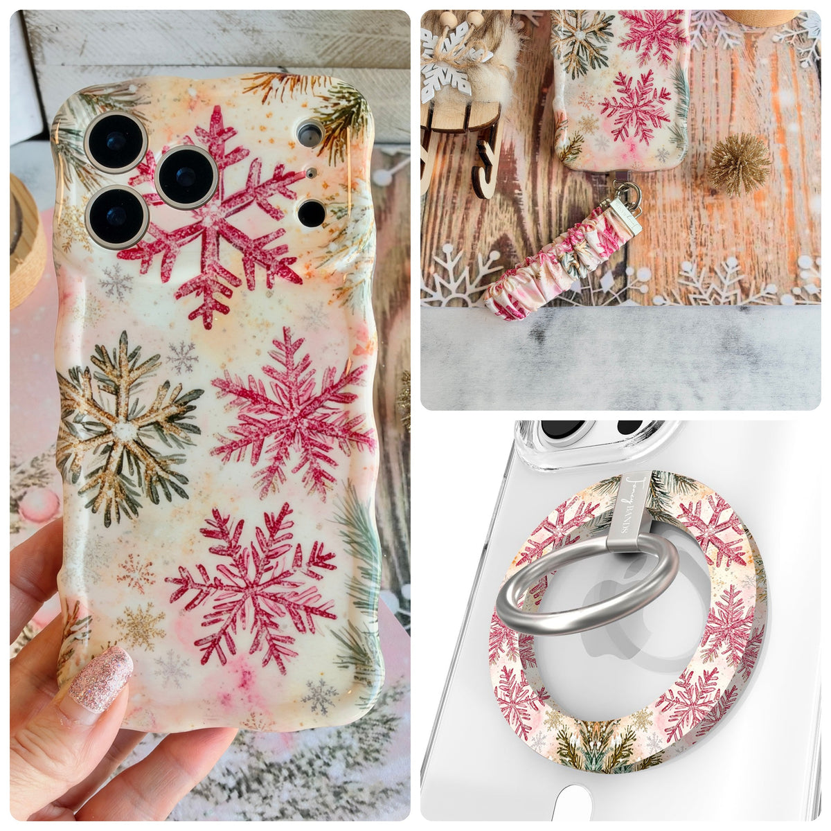 Champagne Snowfall iPhone Matching Set - cream MagSafe case with pink and gold glitter snowflakes, matching Hold It Fancy grip ring and scrunchie phone wrist strap from Fancy Bands