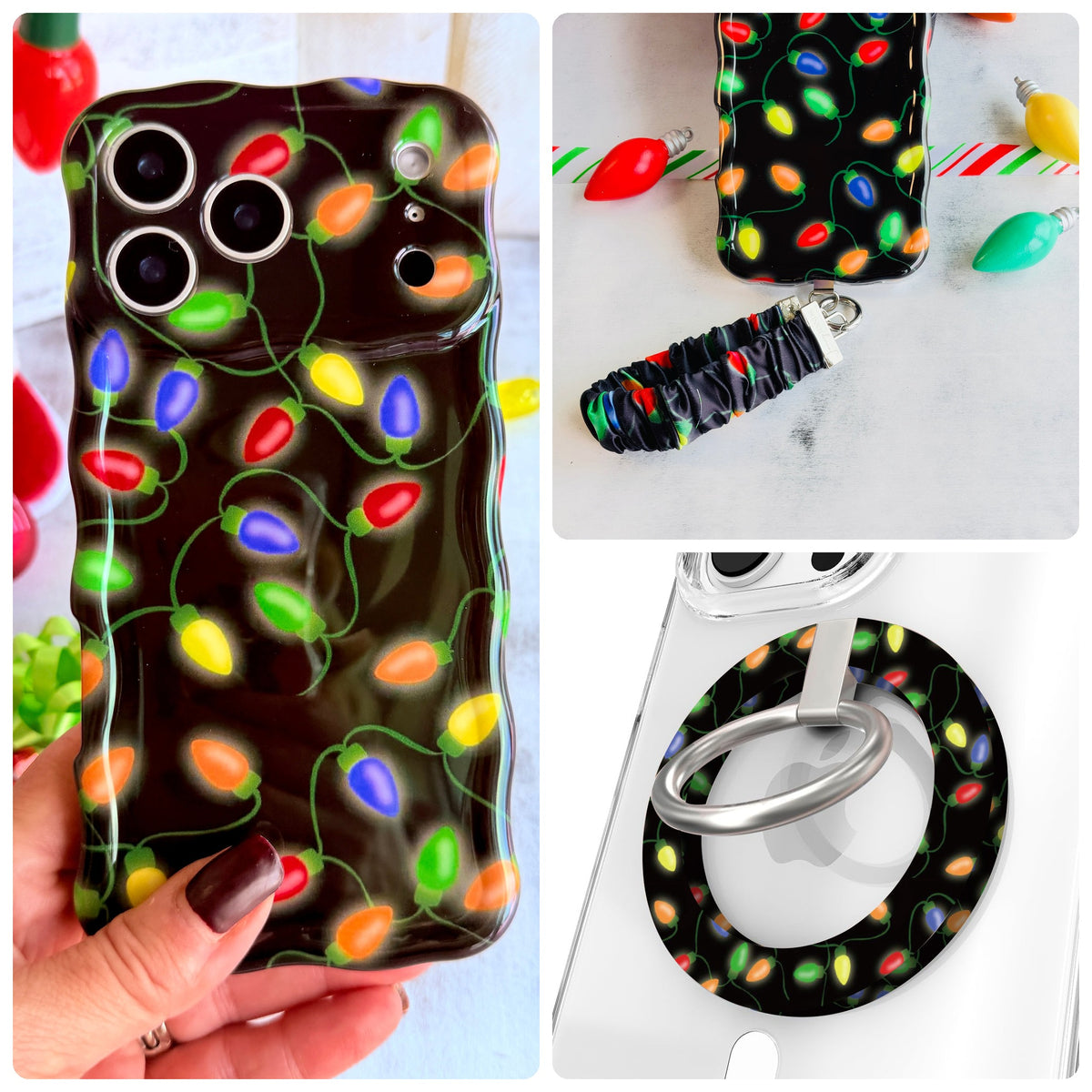 Christmas Lights iPhone Matching Set - black MagSafe case with glowing multicolor Christmas bulbs, matching Hold It Fancy grip ring and scrunchie phone wrist strap from Fancy Bands