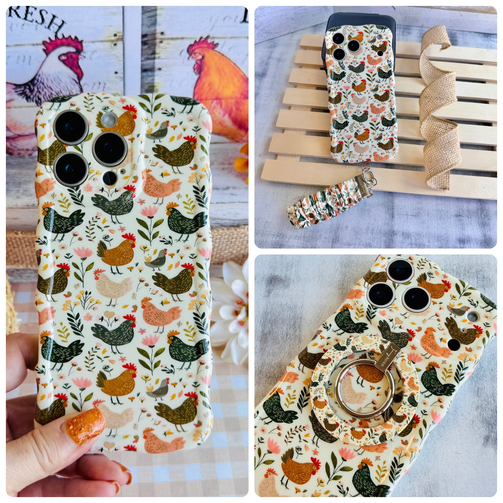 Cluckin' Cute iPhone Matching Set - hen and wildflower MagSafe case, matching Hold It Fancy grip ring and scrunchie phone wrist strap from Fancy Bands