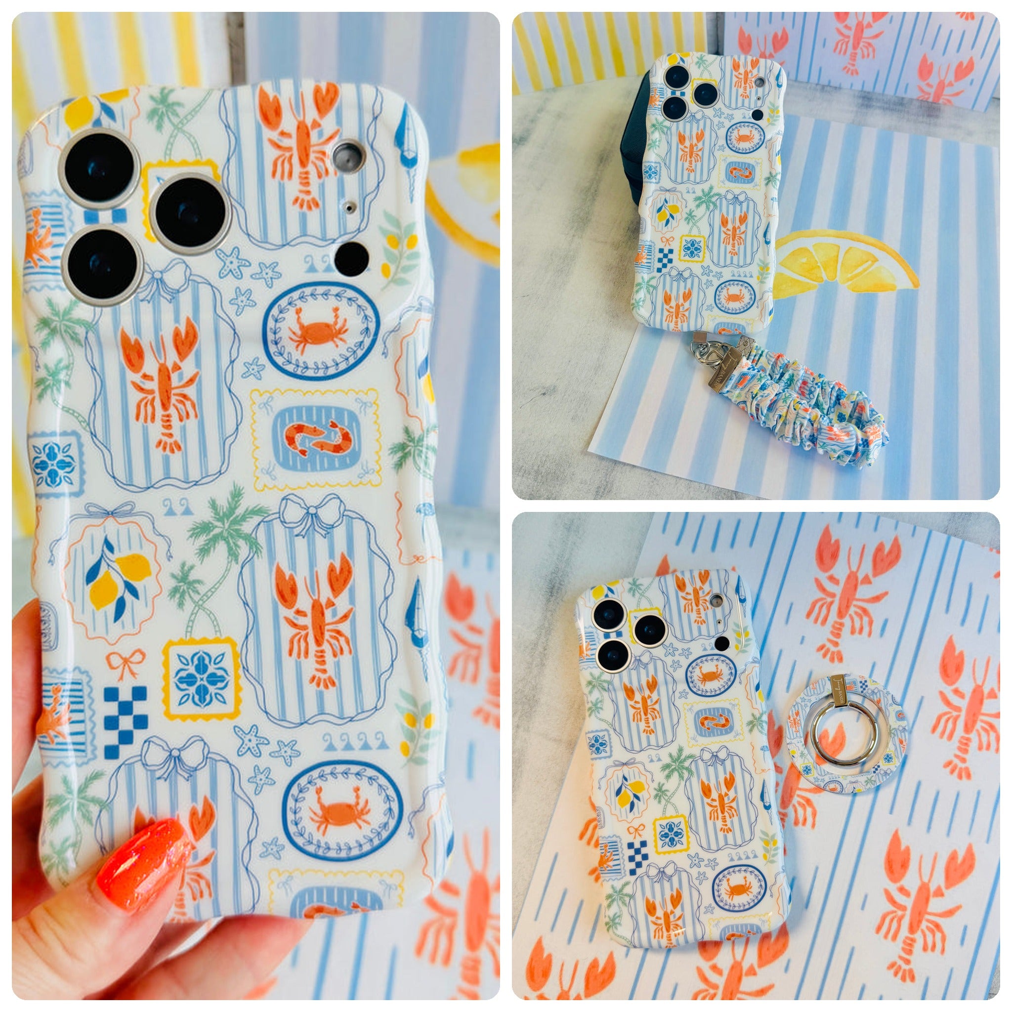 Coastal Catch iPhone Matching Set - lobster and crab MagSafe case, matching Hold It Fancy grip ring and scrunchie phone wrist strap from Fancy Bands