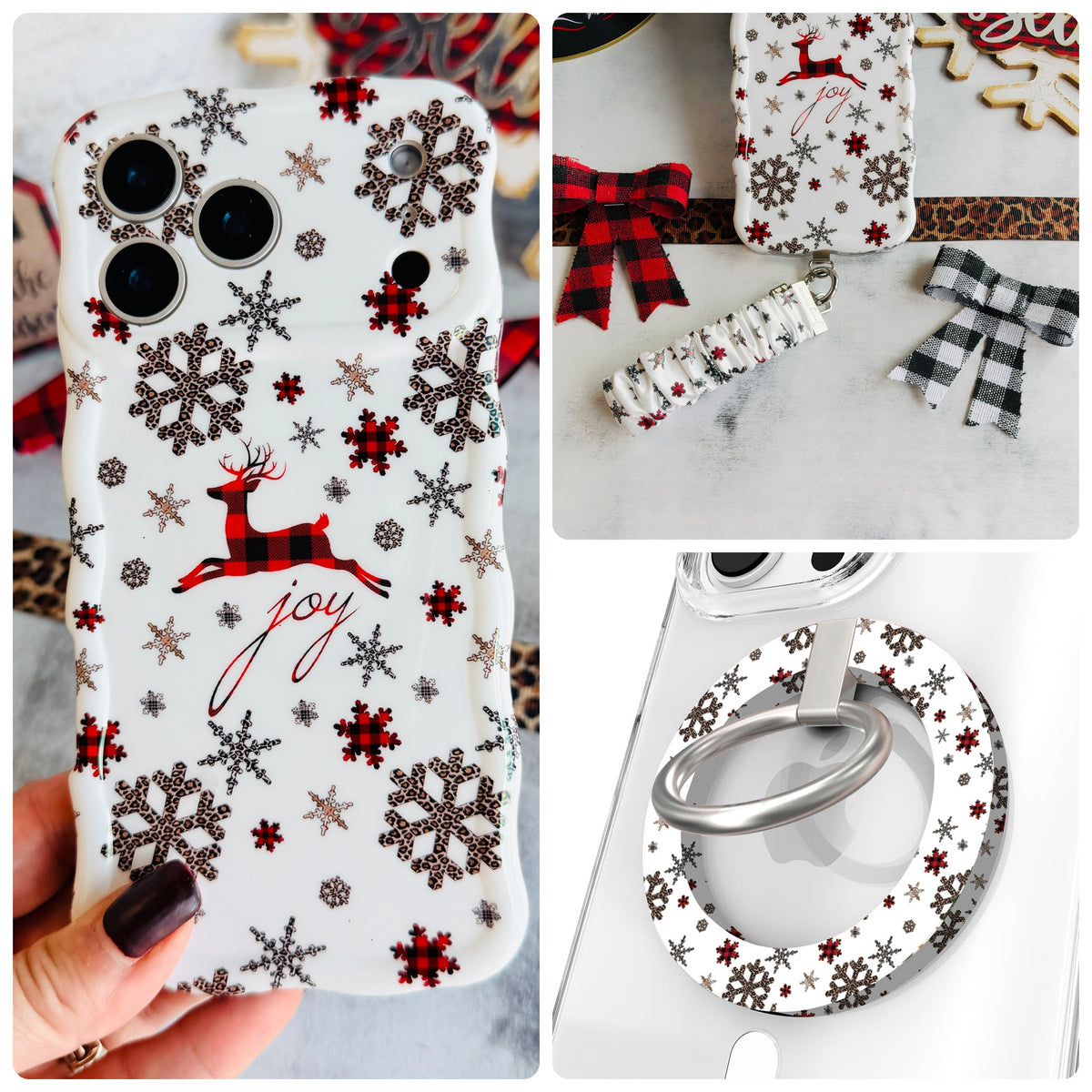 Deer Joy iPhone Matching Set - white MagSafe case with a buffalo-plaid reindeer and leopard snowflakes, matching Hold It Fancy grip ring and scrunchie phone wrist strap from Fancy Bands