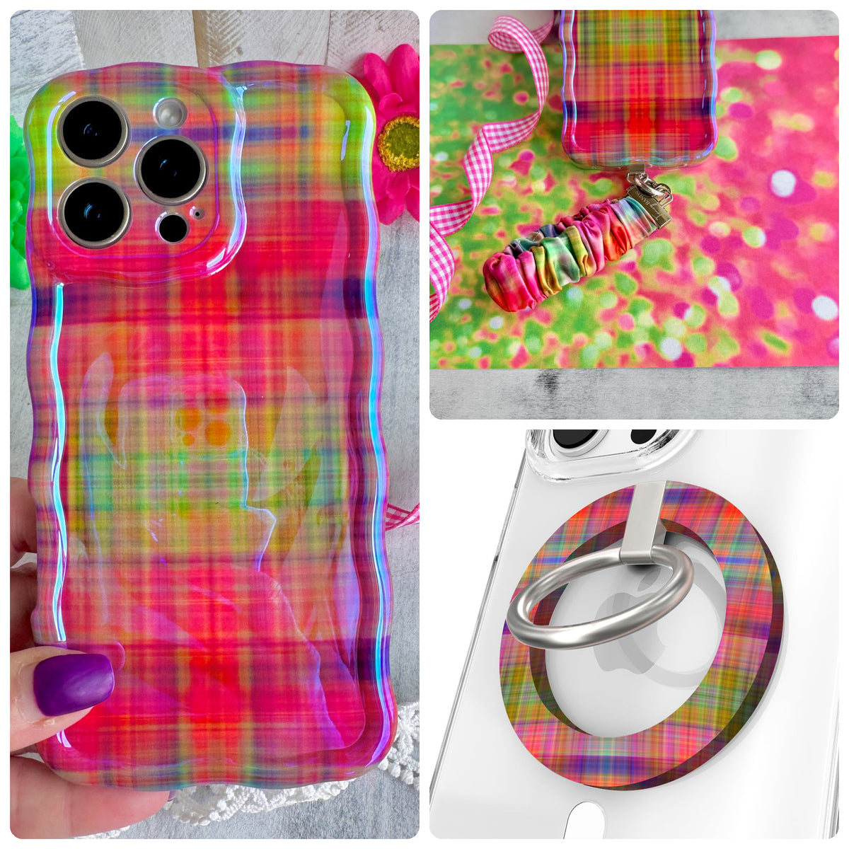 Hazy Tartan iPhone Matching Set - blurred rainbow plaid MagSafe case, matching Hold It Fancy grip ring and scrunchie phone wrist strap from Fancy Bands