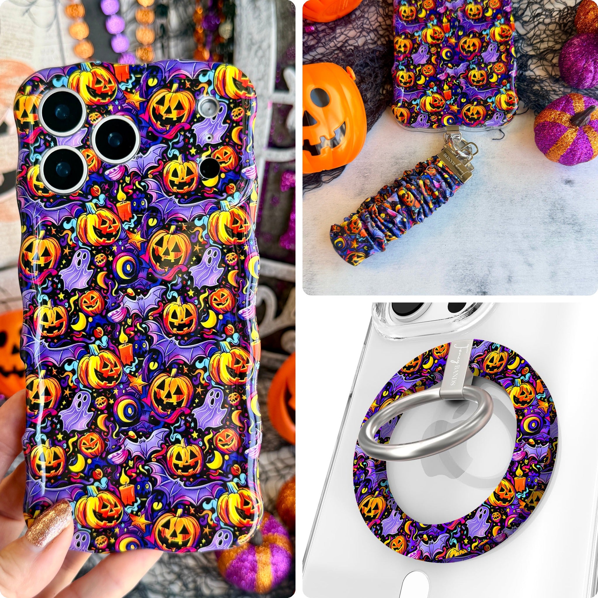 Jack-O-Lantern Jive iPhone Matching Set: hand-held neon purple Halloween MagSafe case with glowing pumpkins and ghosts, matching scrunchie wrist strap, and MagSafe grip ring