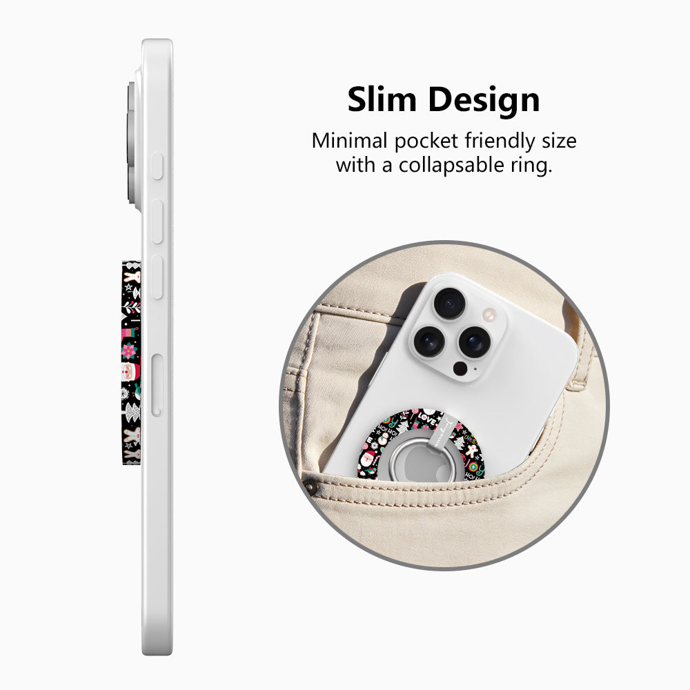 Jolly Wrist-mas grip ring slim design: thin side profile on an iPhone, and the phone with the ring folded flat slipping into a jeans pocket