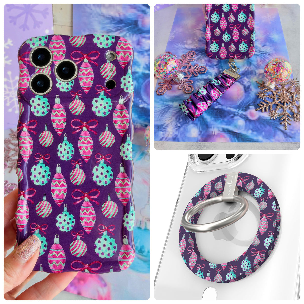 Just One More Ornament iPhone Matching Set - plum MagSafe case with pink and aqua watercolor Christmas ornaments, matching Hold It Fancy grip ring and scrunchie phone wrist strap from Fancy Bands