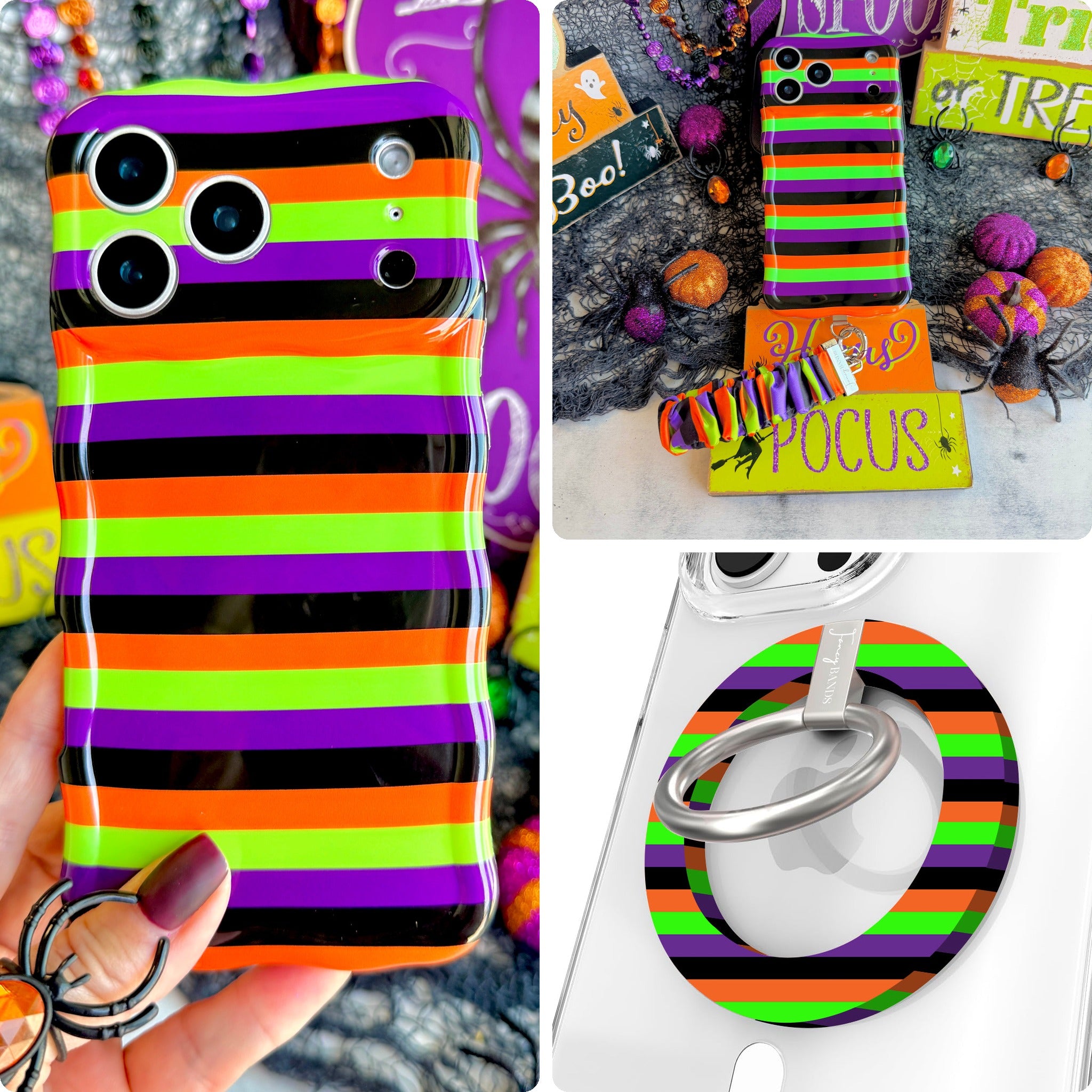 Main Witch Energy iPhone Matching Set: hand-held striped MagSafe case in black, purple, neon lime and orange, matching scrunchie wrist strap, and MagSafe grip ring