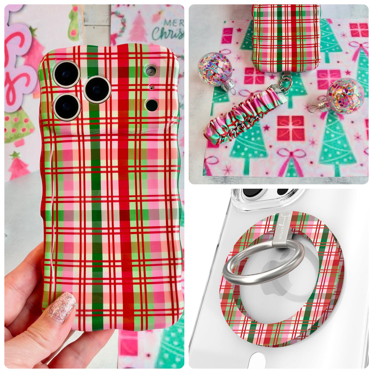 Merry Little Plaid iPhone Matching Set - red, green and pink Christmas plaid MagSafe case with matching Hold It Fancy grip ring and scrunchie phone wrist strap from Fancy Bands