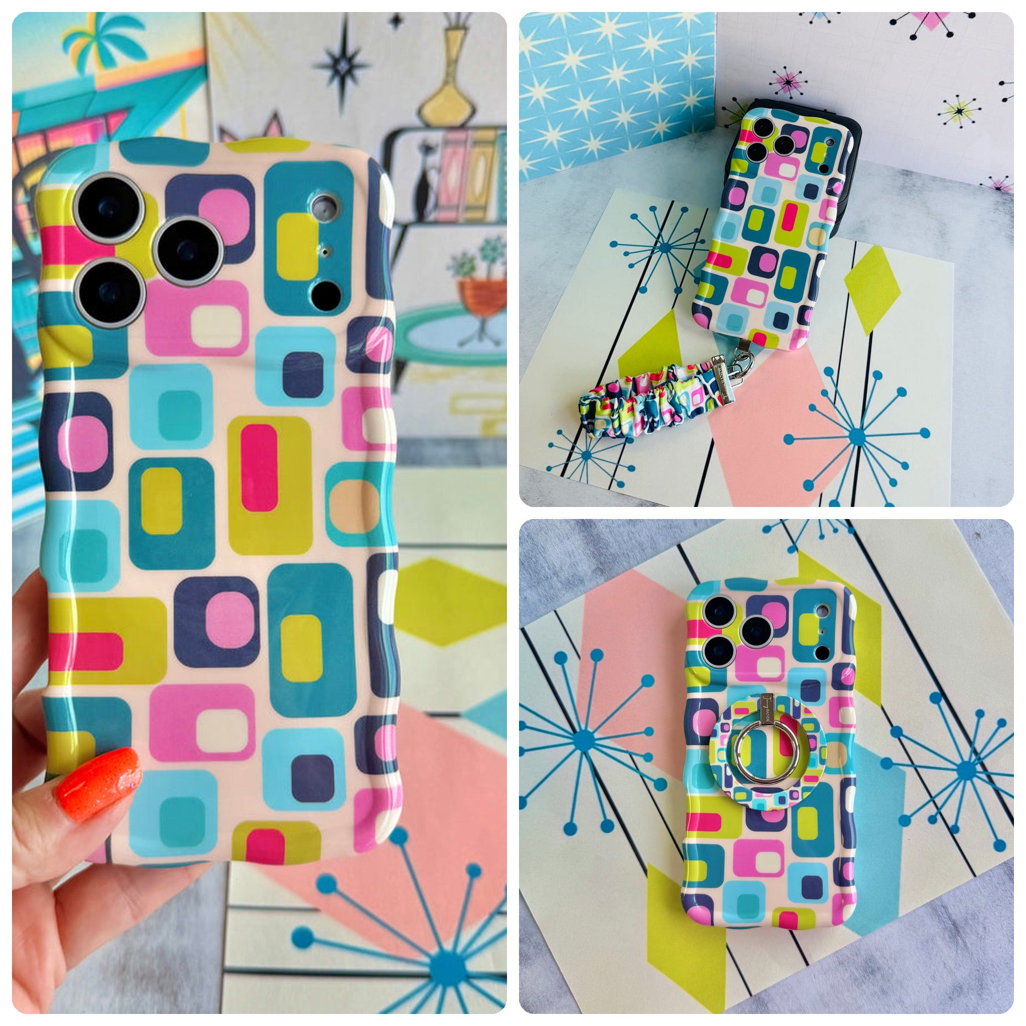 Mod Mood iPhone Matching Set - mid-century geometric MagSafe case, matching Hold It Fancy grip ring and scrunchie phone wrist strap from Fancy Bands