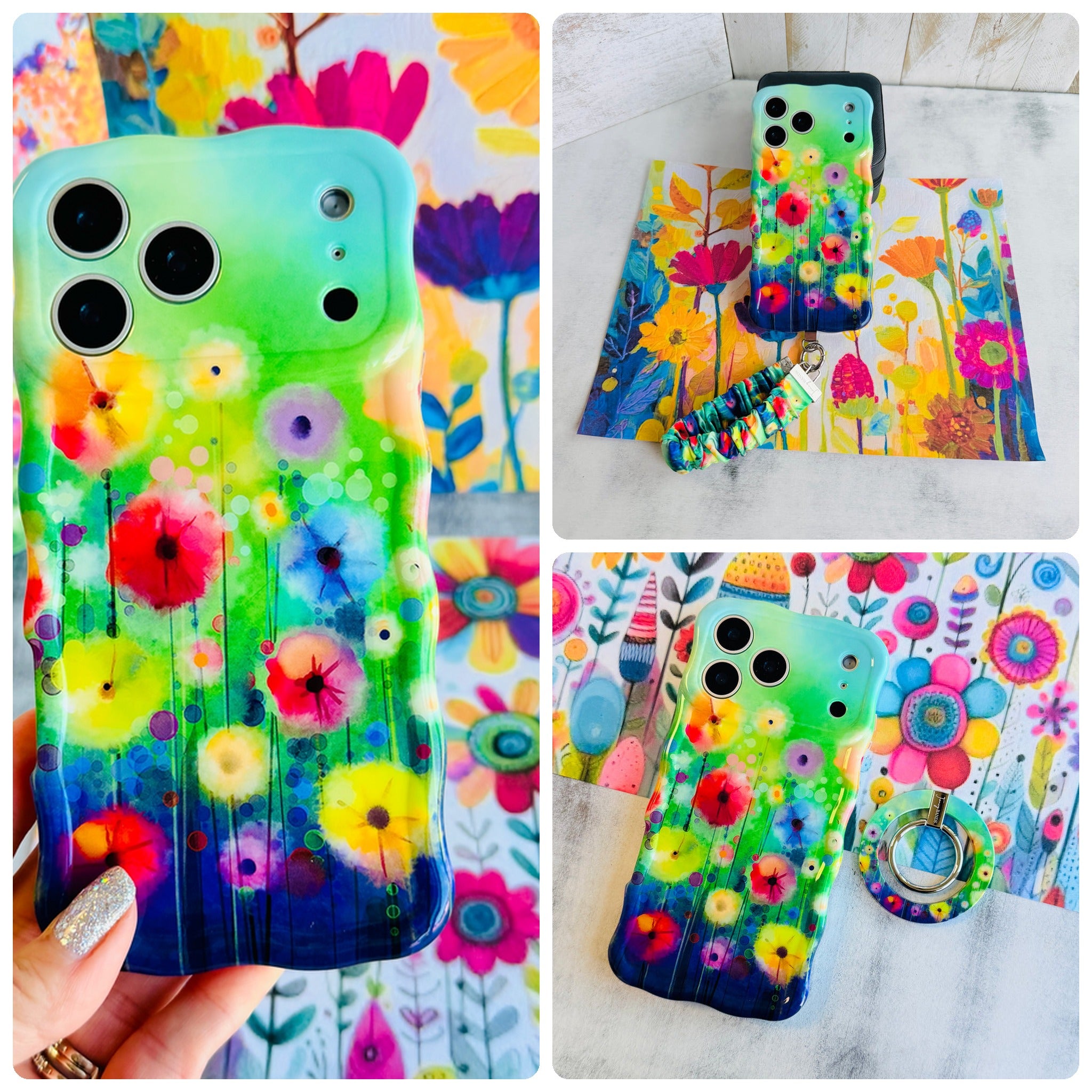 Petal Princess iPhone Matching Set - rainbow wildflower MagSafe case, matching Hold It Fancy grip ring and scrunchie phone wrist strap from Fancy Bands