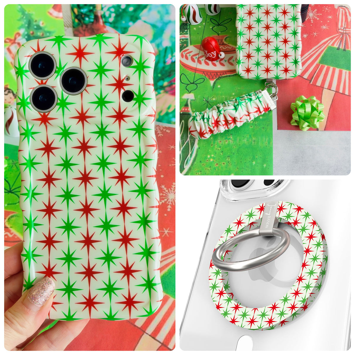 Tinsel & Stardust iPhone Matching Set - cream MagSafe case with red and green retro starbursts, matching Hold It Fancy grip ring and scrunchie phone wrist strap from Fancy Bands
