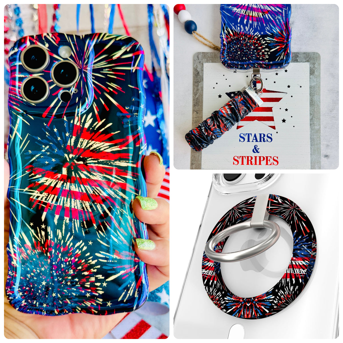 USA Fireworks iPhone Matching Set - red white and blue firework MagSafe case, matching Hold It Fancy grip ring and scrunchie phone wrist strap from Fancy Bands