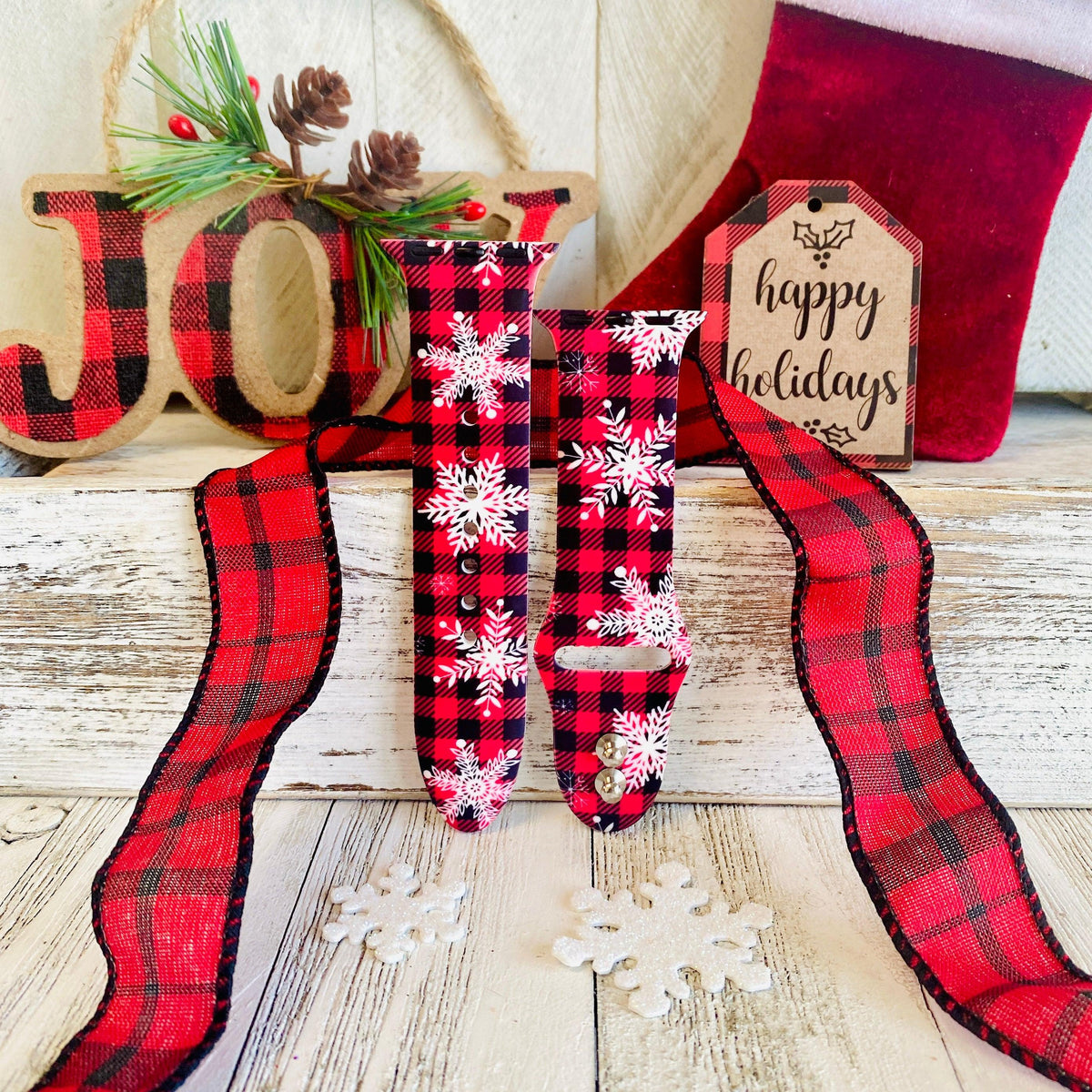 Buffalo Plaid Snowflake Print Silicone Band For Apple Watch - Fancy Bands