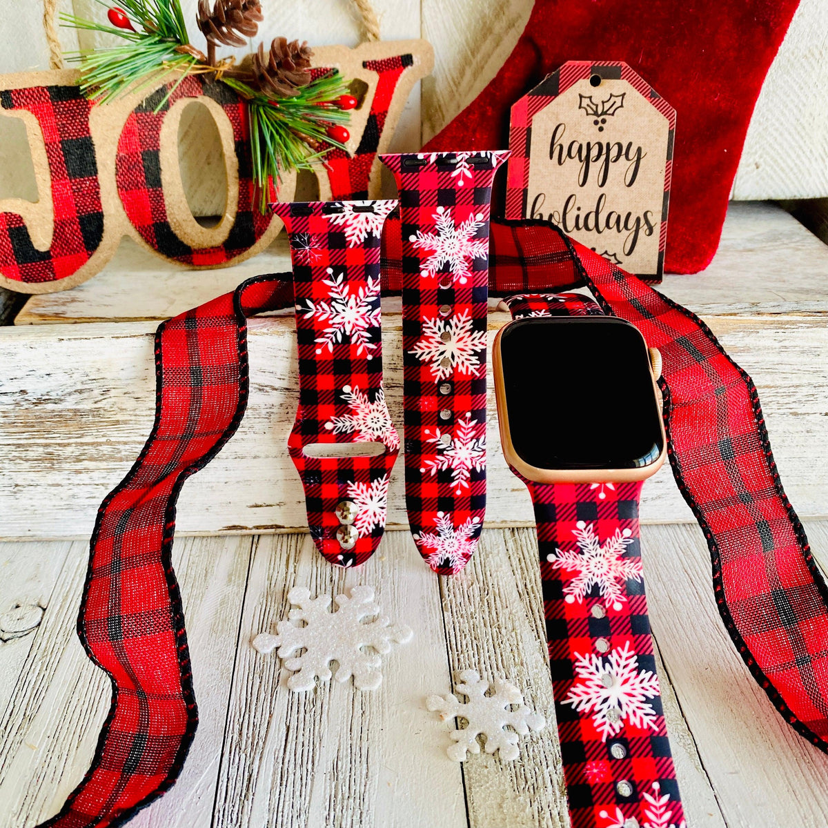 Buffalo Plaid Snowflake Print Silicone Band For Apple Watch - Fancy Bands