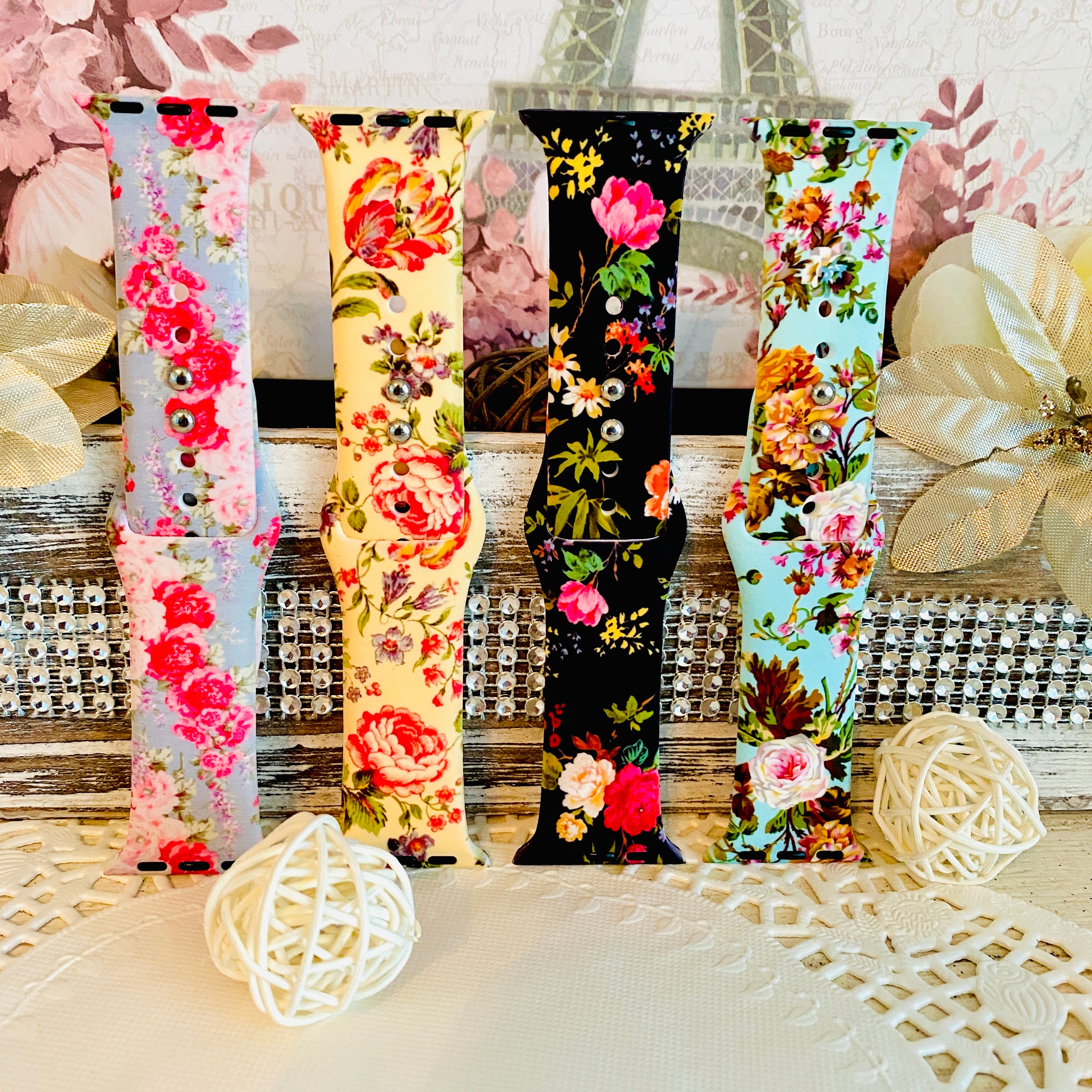 Vintage Floral Print Silicone Band For Apple Watch Multiple Colors Available