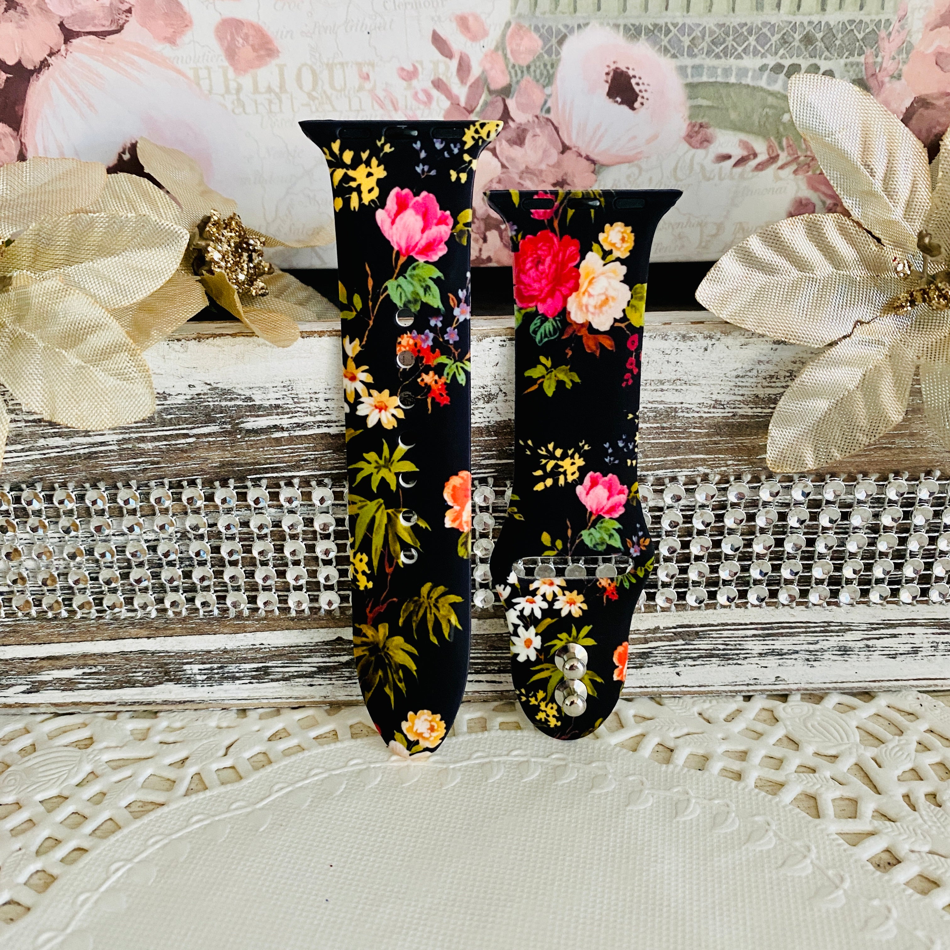 Vintage Floral Print Silicone Band For Apple Watch Multiple Colors Available
