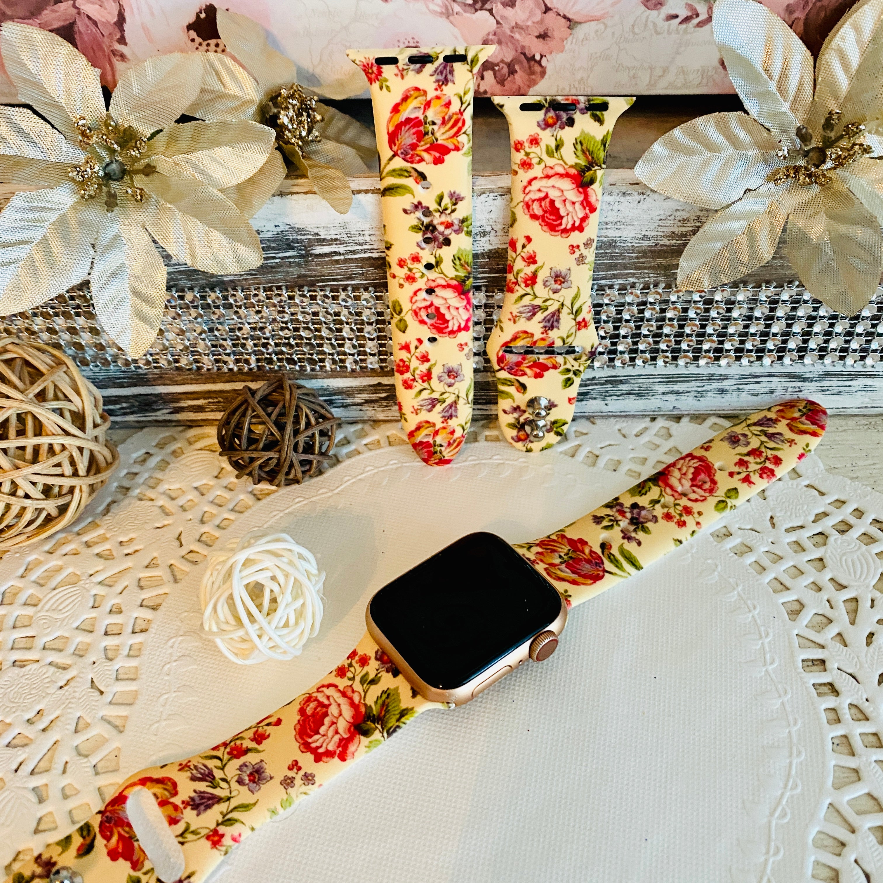 Vintage Floral Print Silicone Band For Apple Watch Multiple Colors Available
