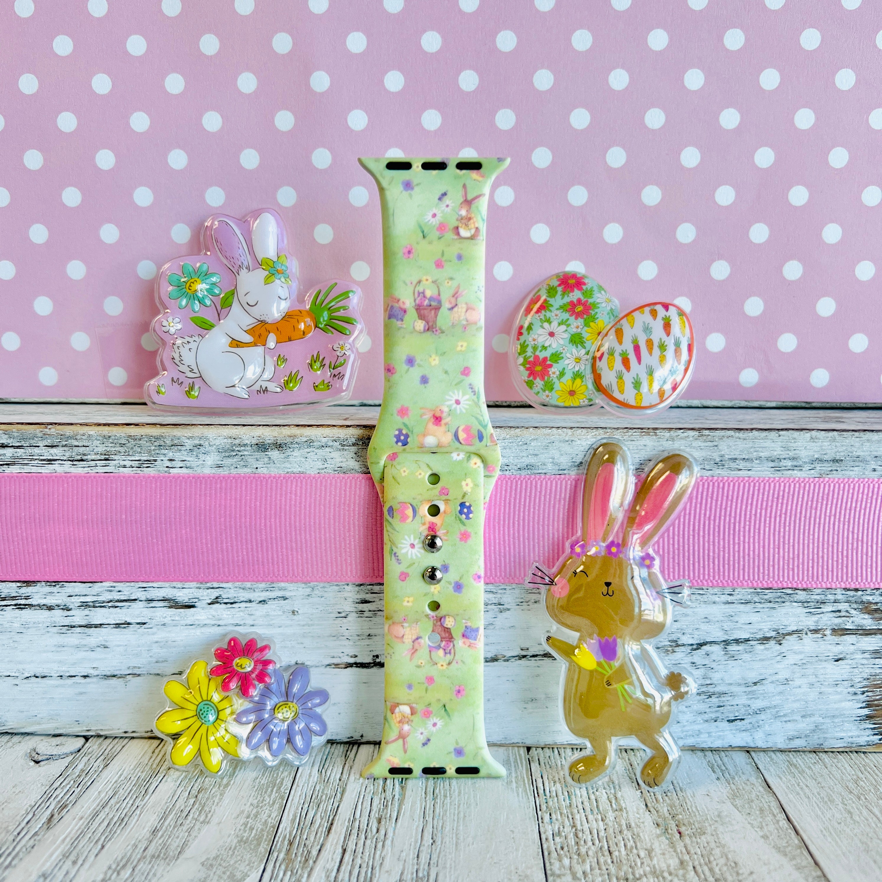 Vintage Easter Apple Watch band with bunnies carrying Easter baskets and colorful flowers on yellow-green background