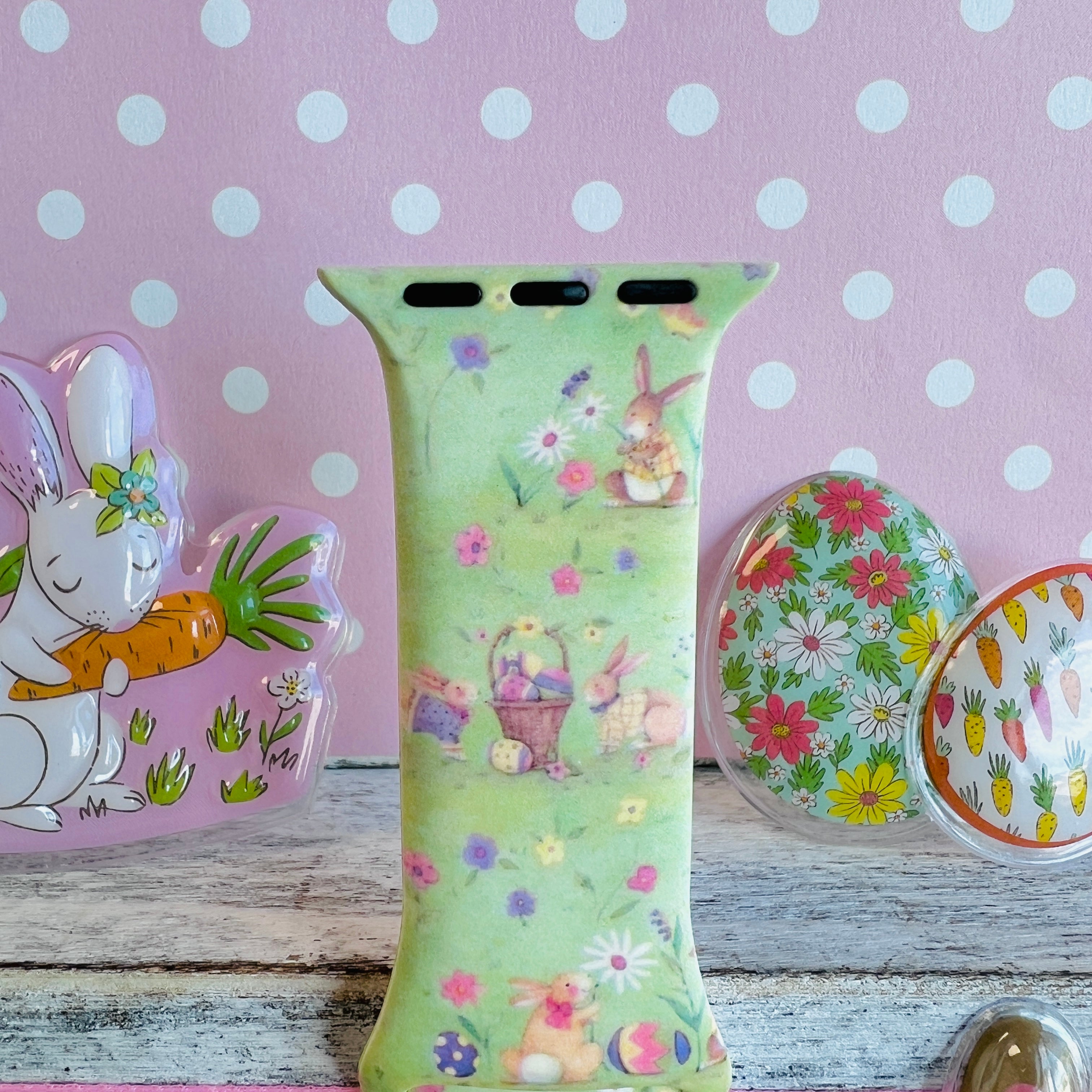 Vintage Easter Apple Watch band with bunnies carrying Easter baskets and colorful flowers on yellow-green background