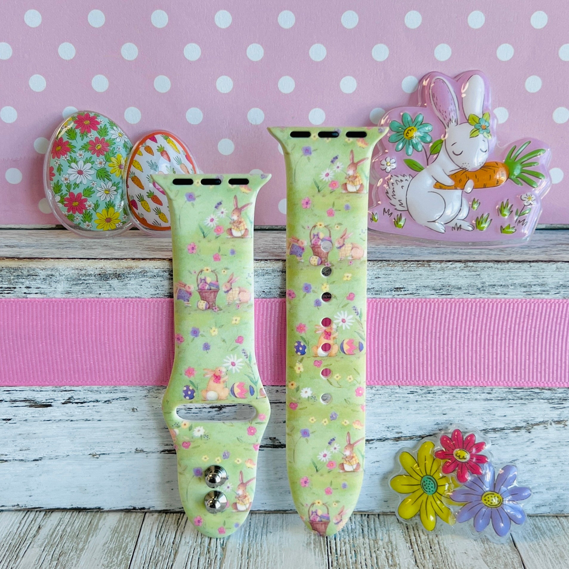 Vintage Easter Apple Watch band with bunnies carrying Easter baskets and colorful flowers on yellow-green background