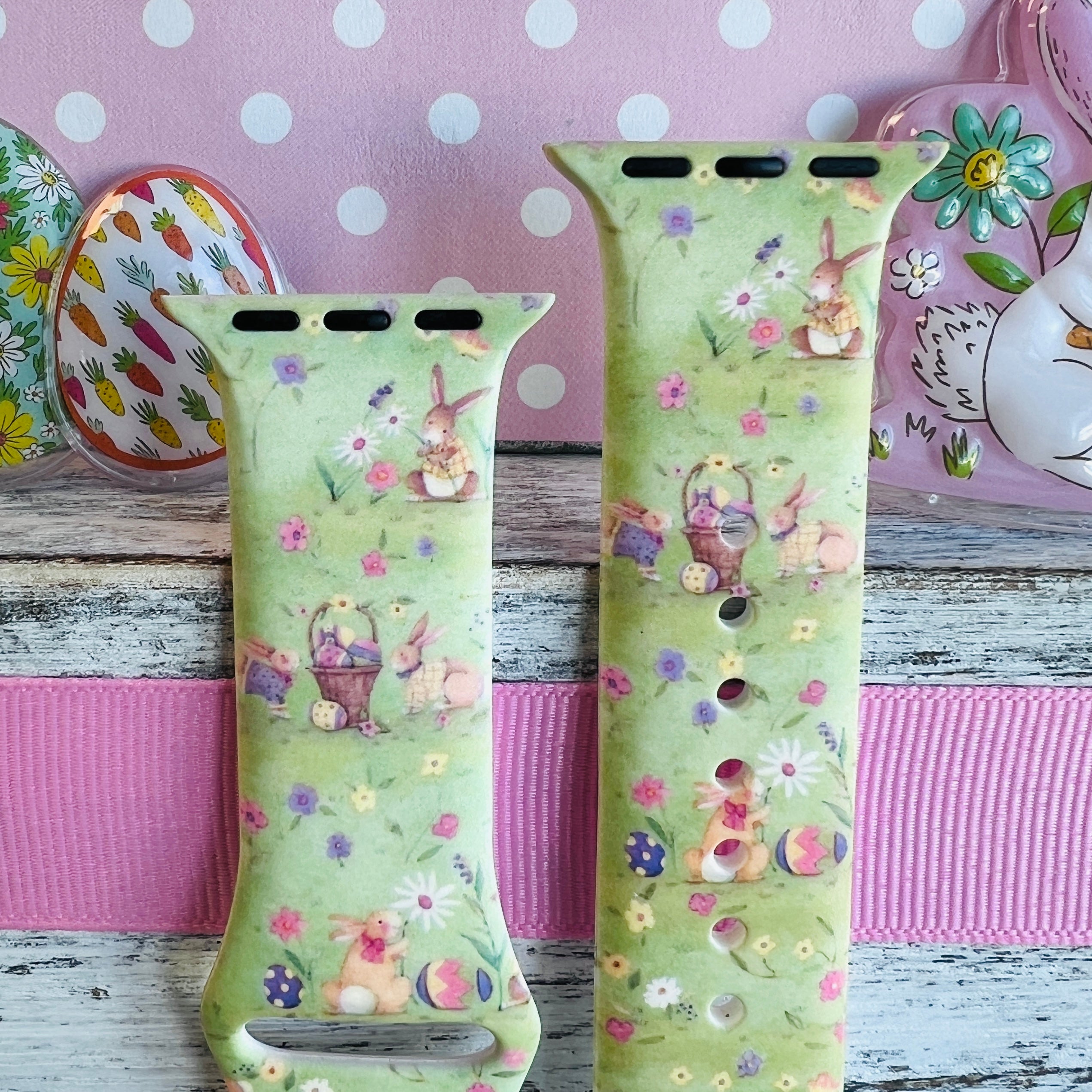 Vintage Easter Apple Watch band with bunnies carrying Easter baskets and colorful flowers on yellow-green background