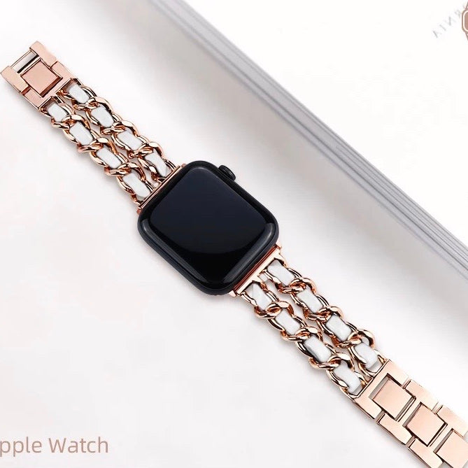 Luxurious Leather Stainless Steel Chain Band For Apple Watch Multiple Colors Available