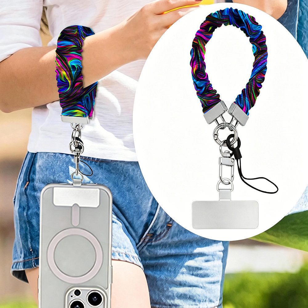Neon Taffy scrunchie phone wrist strap worn on the wrist with a phone hanging at the hip, plus a close-up inset of the neon marble strap, clasp and attachment tab.