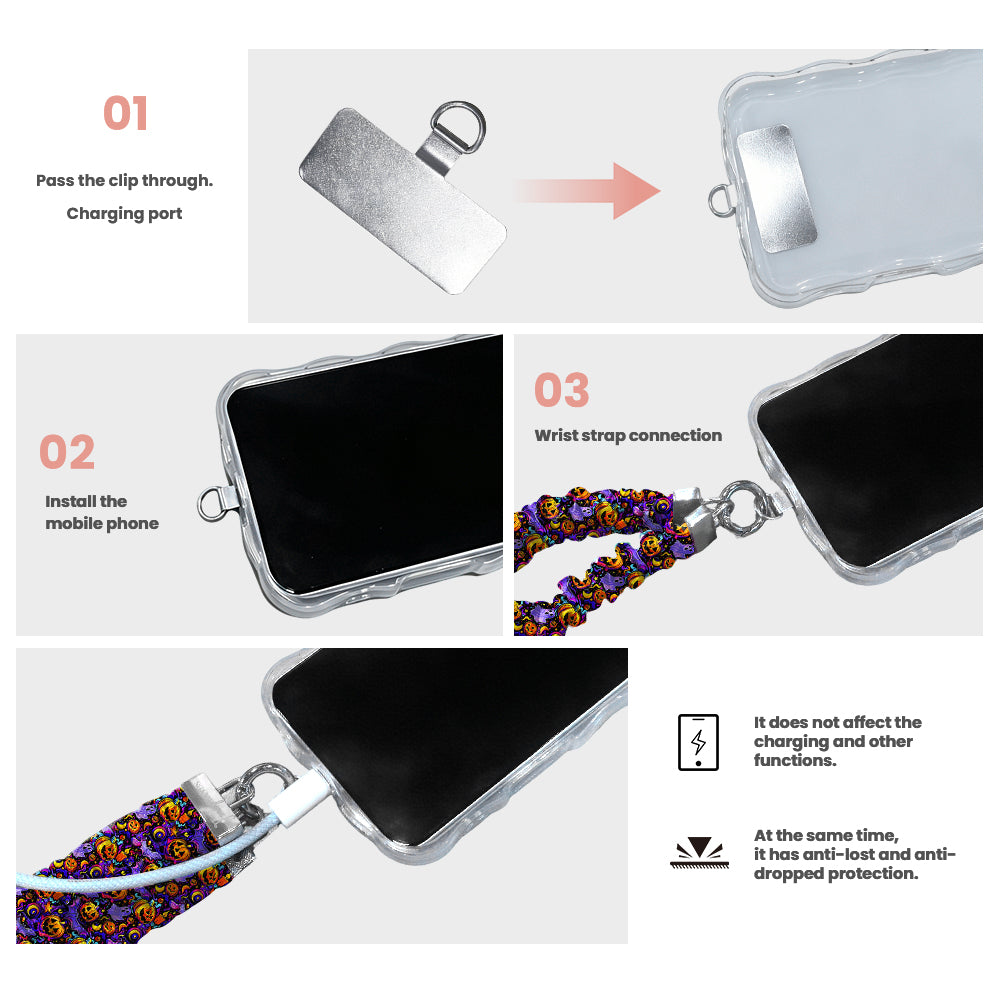 Three-step installation diagram for the Jack-O-Lantern Jive scrunchie phone wrist strap, showing the tab through the charging port and the strap clipped on.