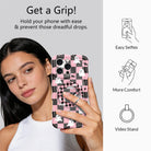 Get a Grip infographic for the Hey Boo, Looking Cute MagSafe grip ring, showing a model holding her checkerboard phone one-handed plus selfies, comfort and video stand uses.