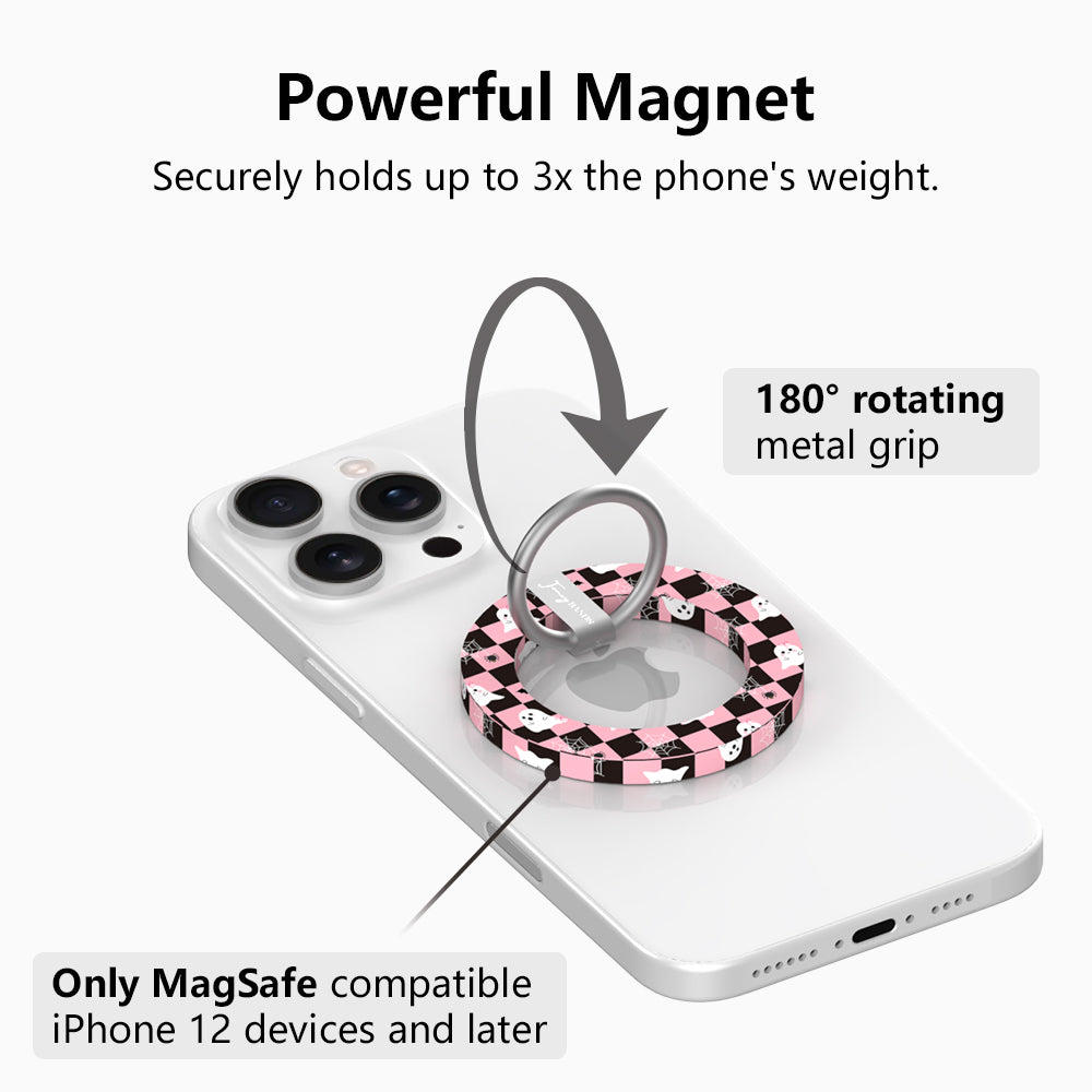 Powerful magnet diagram for the Hey Boo, Looking Cute MagSafe grip ring, showing the 180 degree rotating metal grip that holds up to three times the phone's weight.