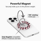 Powerful magnet diagram for the Hey Boo, Looking Cute MagSafe grip ring, showing the 180 degree rotating metal grip that holds up to three times the phone's weight.